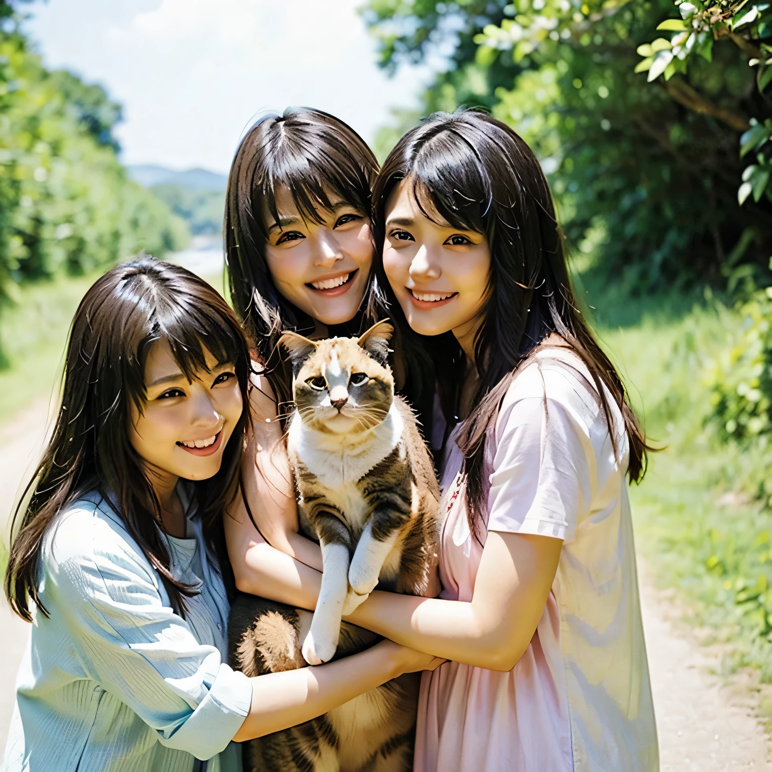 Identical twin sisters holding a cat Beautiful woman 24-years-old laughter Asian hair length