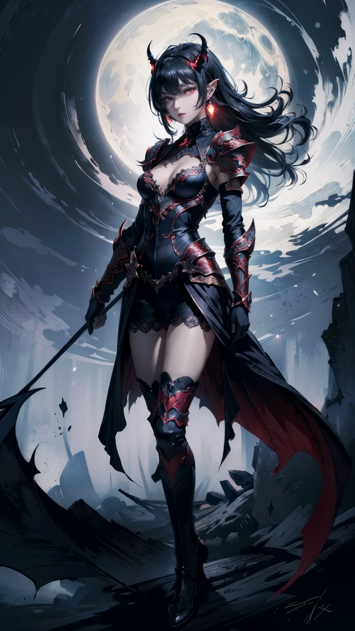 (demon, demon princess, gyaru face:1.1, dark skin, full body, standing, pointed ears, small horns, armor), (best quality, 4k, ultra-detailed, realistic:1.37), dark atmosphere, dark skin, vibrant colors, glowing eyes, flowing hair, mesmerizing gaze, dynamic pose, intricate details, mystical background, haunting beauty