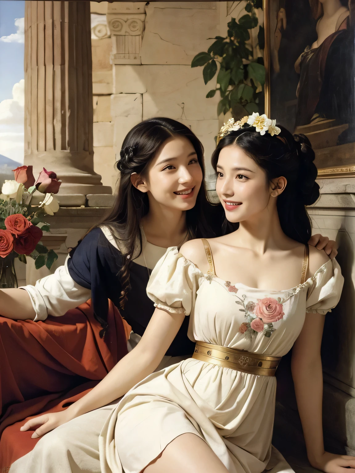 Giorgione's painting style,Discussion between two female philosophers,math、astronomical machine、astronaut、roses in vase、fruit、Cute trinkets、smile、ancient greek costume、Ancient Roman landscape in the style of Nicolas Poussin,laughter,,sweet and seductive appearance.、caravaggio painting、Caravaggio's chiaroscuro、My hair was messed up by the wind,two women having fun,cute smile, expression of ecstasy,sexy,erotic