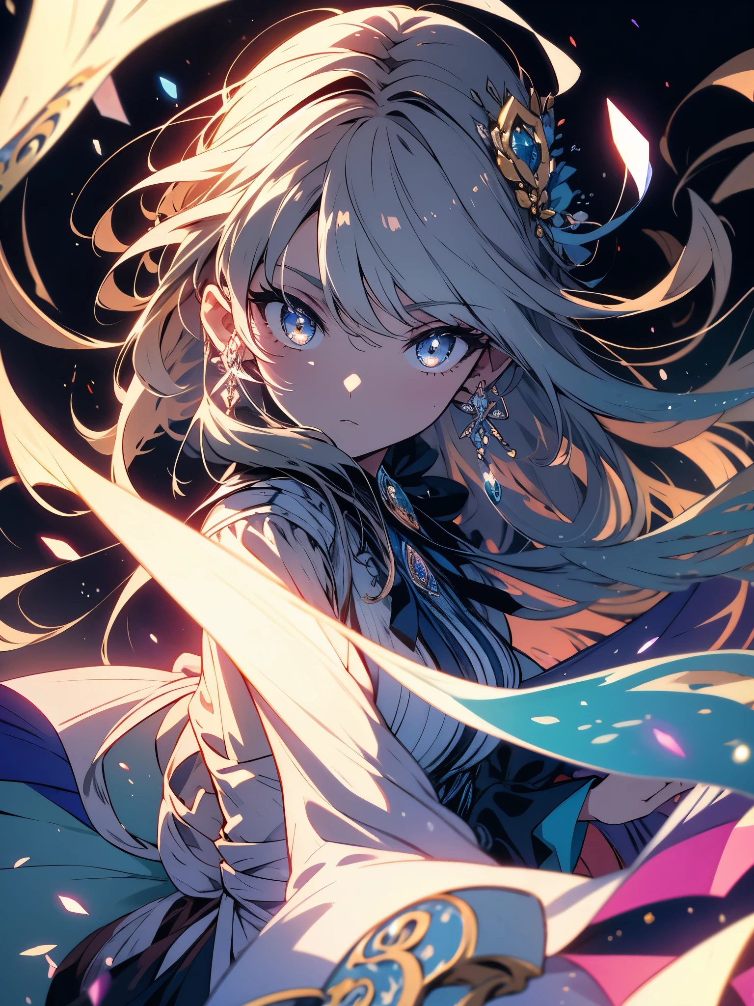 (highest quality、masterpiece、High resolution、detailed)、(Shining eyes、detailed美しい顔)、1 girl, long hair, bright hair color, enchanting eyes, mysterious expression, mature look, attractive dress, flowing dress, elegant jewelry, intricate decoration, magic symbol, glowing accessories, Portion, scroll, cute accent, bow, ribbon, flowers,beautiful anime