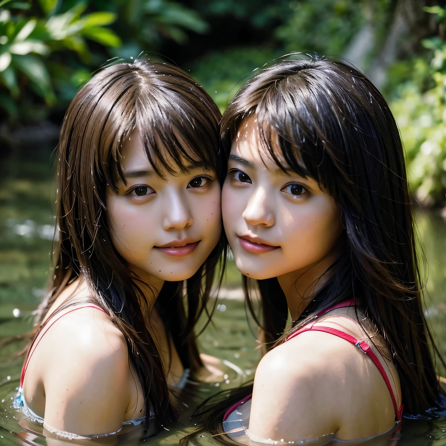 Close-up of cute female identical twin sisters bathing in a river,look at each other&#39;chest of，face to face，one of the people put his hand on the other&#39;chest of， already, (Backlight), actual, masterpiece, highest quality, Lens flare, Shadow, bloom, [[color difference]], author：Jeremy Lipkin, Written by Antonio J... Manzanedo, number,