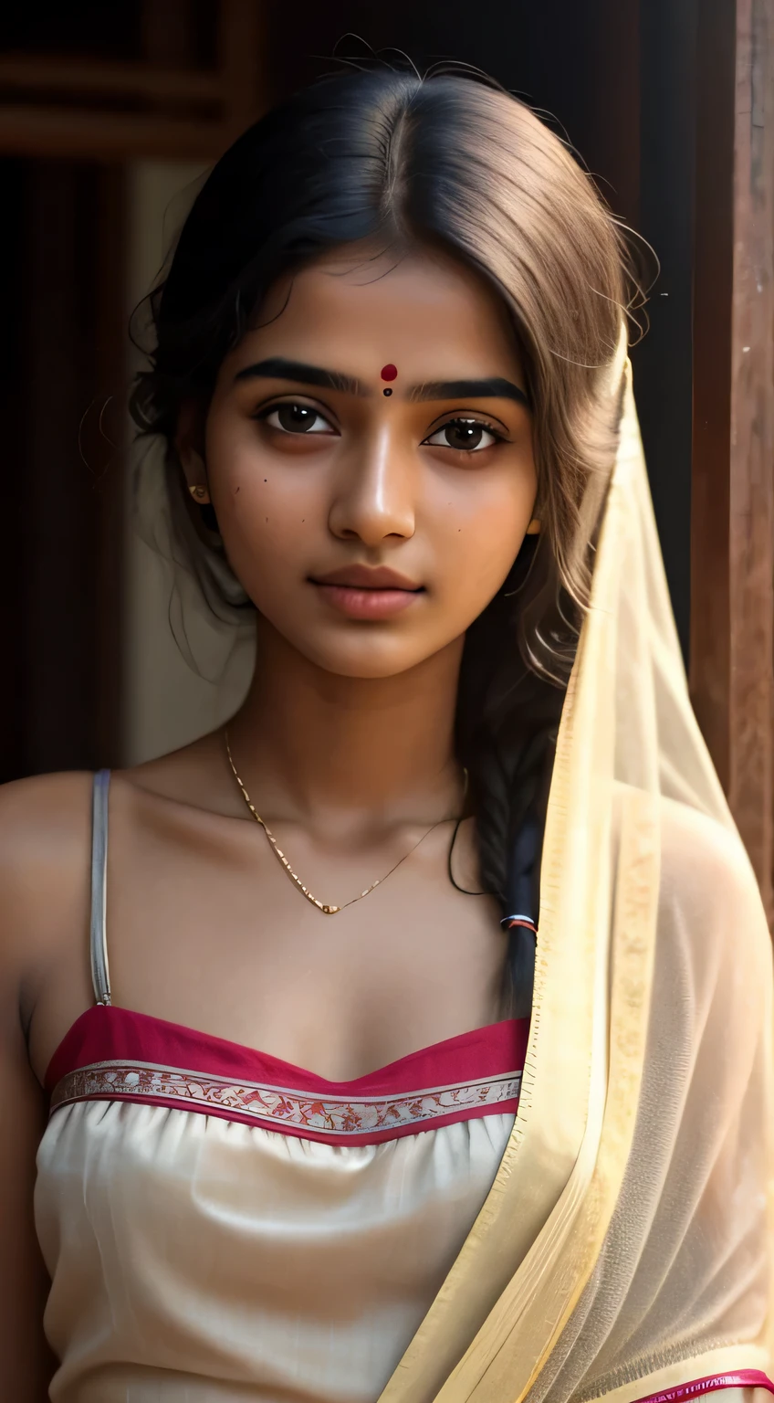 young Indian girl, 18-year-old, gentle sun lighting on face , village mood , old cloths, silk cloth, cloth is transperent , village girl vibe, intricate facial details, full body picture, cinimatic pose flawless complexion, top-notch 3D rendering, hyper-realistic, shot on Indian road. photorealistic digital art trending on Artstation 8k HD high definition detailed realistic, detailed, skin texture, hyper detailed, realistic skin texture, armature, best quality, ultra high res, (photorealistic:1.4),, high resolution, detailed, raw photo, 400 camera f1.6 lens rich colors hyper realistic lifelike texture dramatic lighting unrealengine trending on artstation cinestill 800
