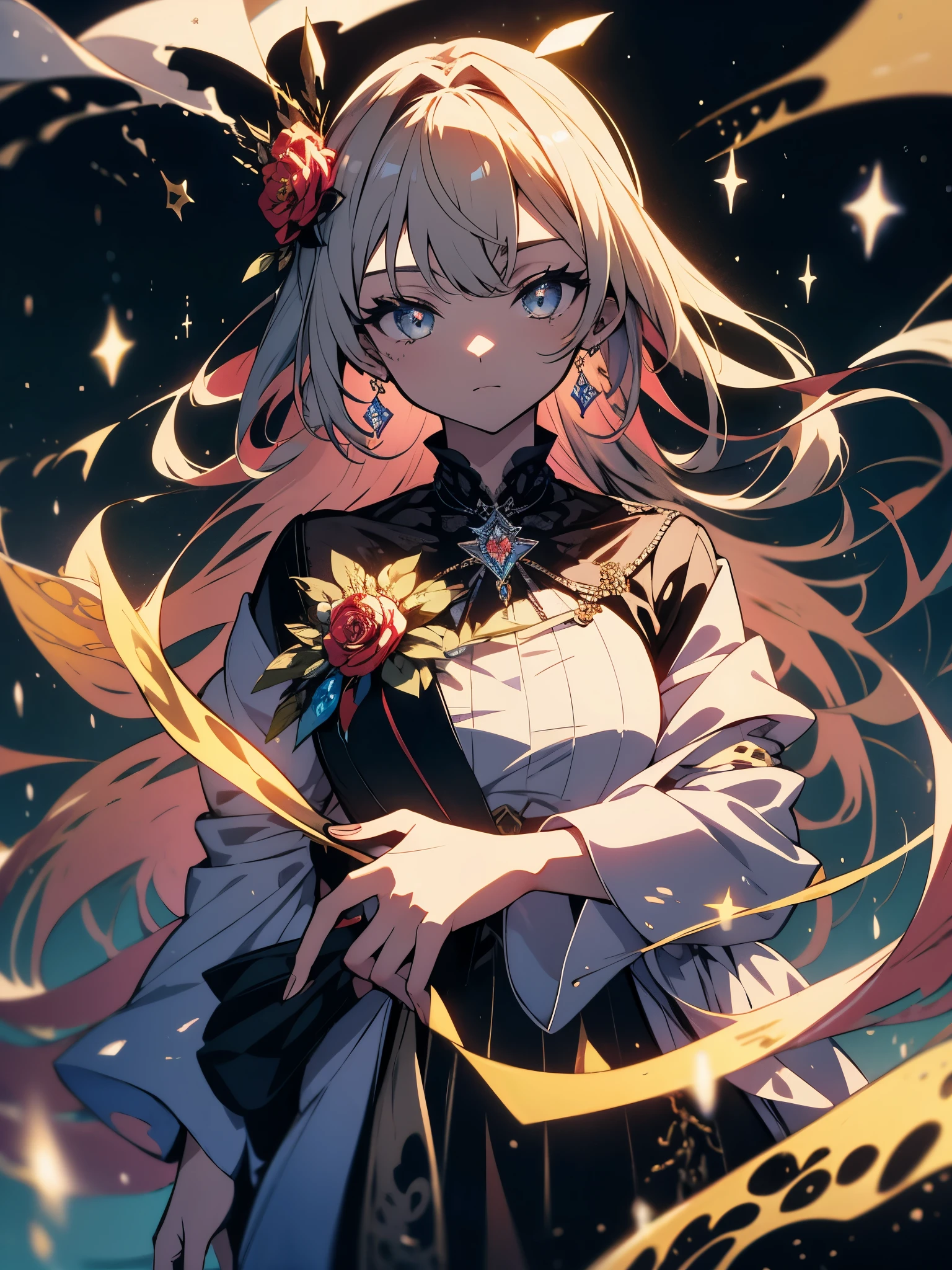 (highest quality、masterpiece、High resolution、detailed)、(Shining eyes、detailed美しい顔)、1 girl, long hair, bright hair color, enchanting eyes, mysterious expression, mature look, attractive dress, flowing dress, elegant jewelry, intricate decoration, magic symbol, glowing accessories, Portion, scroll, cute accent, bow, ribbon, flowers,beautiful anime
