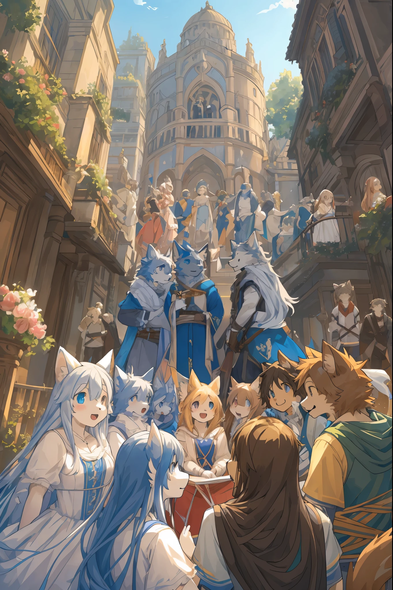 dynamic angle, top quality, best quality, High-quality illustrations, masterpiece, super high resolution, detailed background, detailed background, Romeo and Juliet, group shot:0.1, 6+boys, 6+girls, Happy, joyful, absurdres(highly detailed beautiful face and eyes)perfect anatomy(kemono, furry anthro),