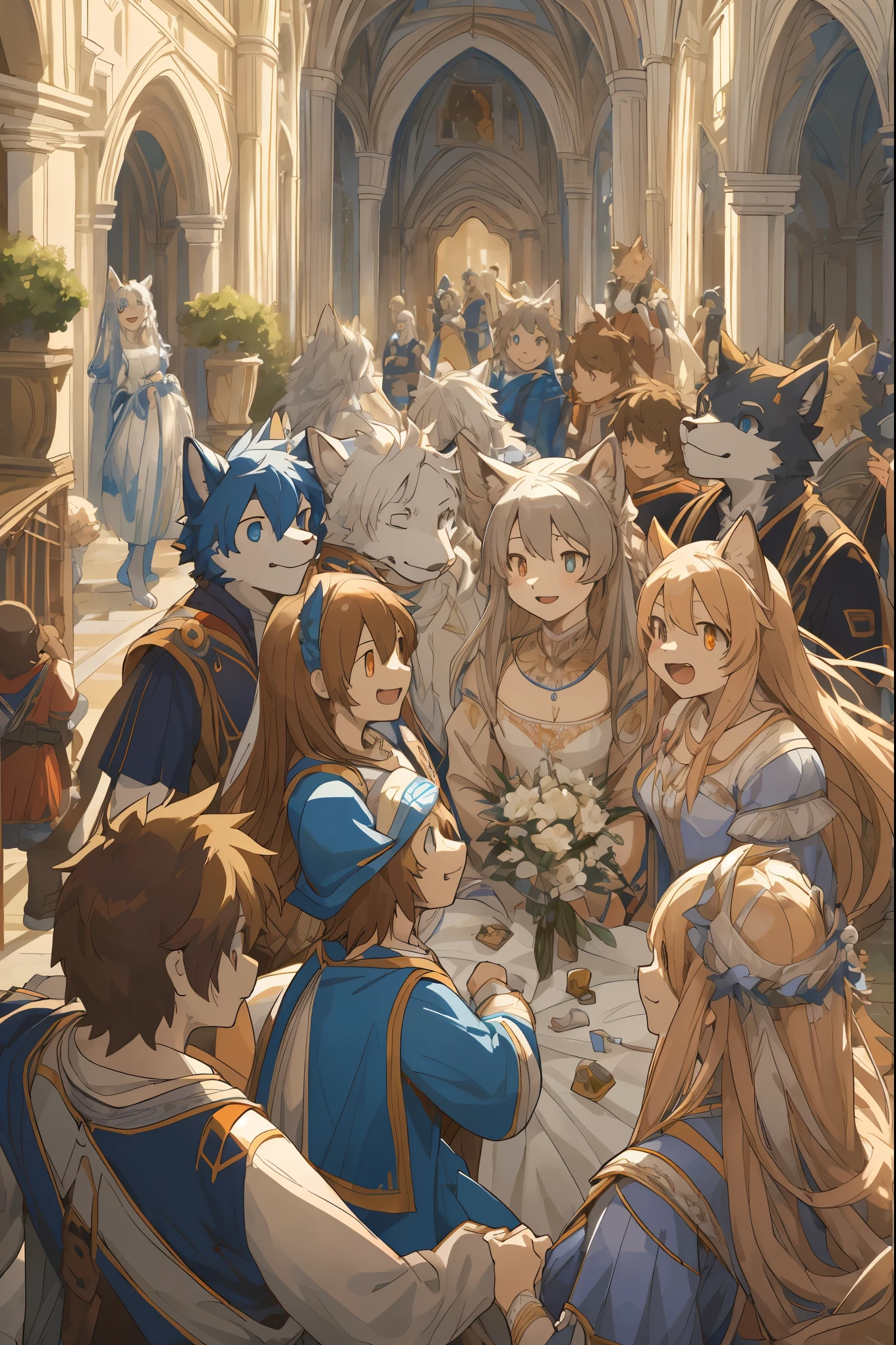 dynamic angle, top quality, best quality, High-quality illustrations, masterpiece, super high resolution, detailed background, detailed background, Romeo and Juliet, group shot:0.1, 6+boys, 6+girls, Happy, joyful, absurdres(highly detailed beautiful face and eyes)perfect anatomy(kemono, furry anthro),