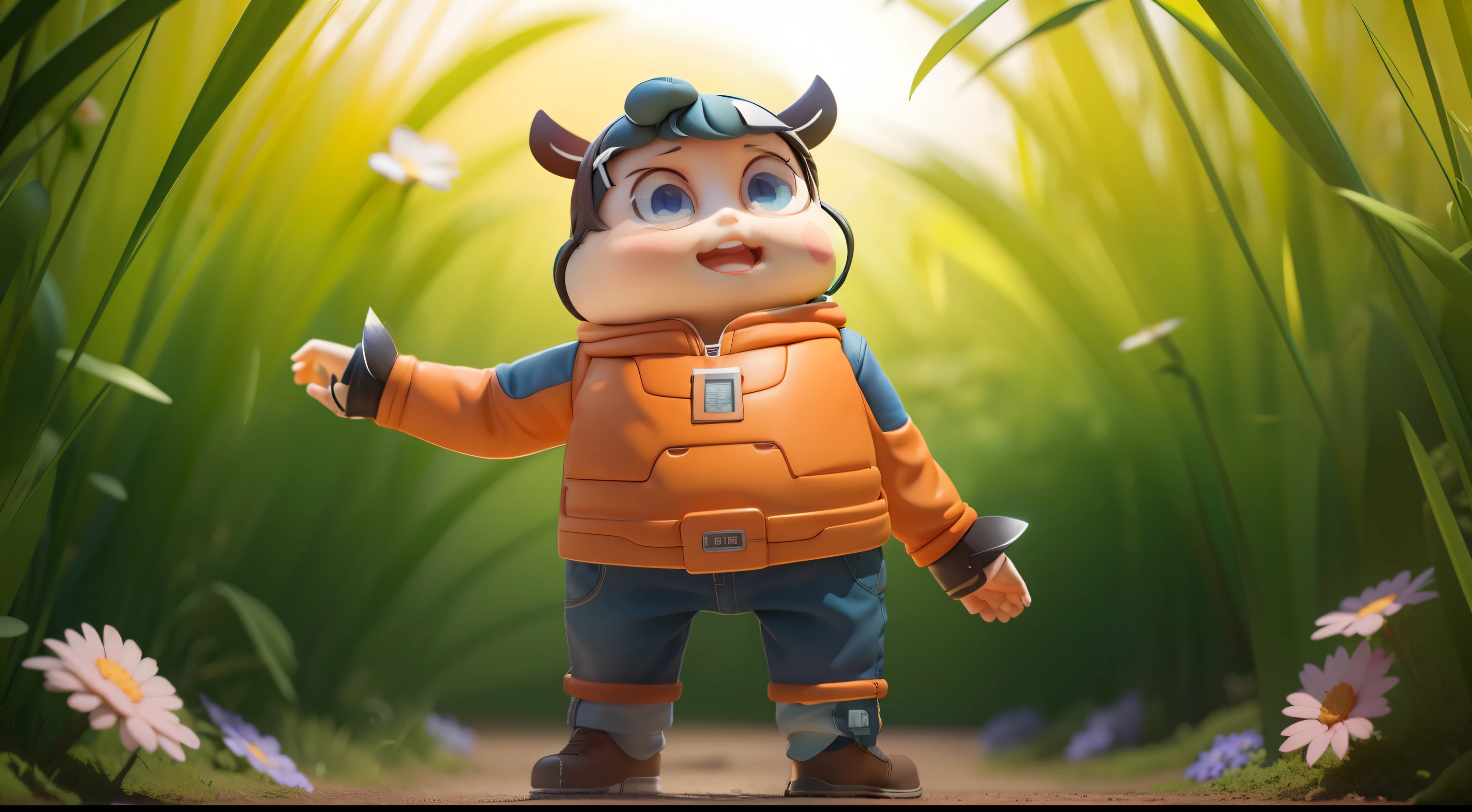 There is a poster，It features a cartoon character with his hair blown away by the wind，Male explorer mini cute boy，walking in the wilderness，Jungle of flowers and plants，animation style rendering，Lovely 3D rendering，brat。Unreal Engine 5，stylized anime，Lovely and detailed digital art，Artie Green 8K，Stylized 3D rendering，Adventure surreal rendering，Anime style 3D，Stylized 3D rendering