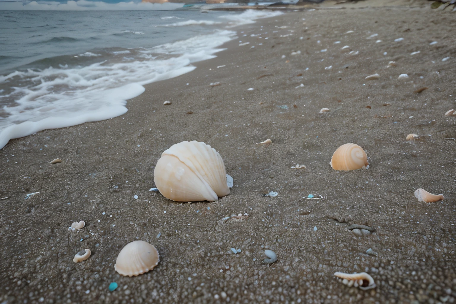 Seashells scattered along the shoreline