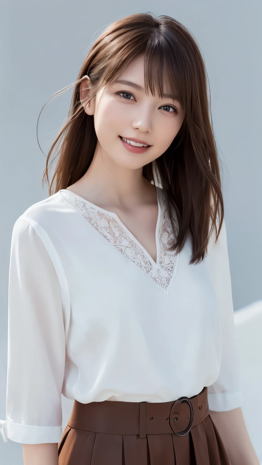 (highest quality、8K、32k、masterpiece)、(realistic)、(Photoreal:1.2)、(High resolution)、Super detailed、very beautiful face and eyes、1 girl、round and small face、thin waist、delicate body、(close、highest quality、high detail、Rich skin details)、(highest quality、8K、oil paint:1.2)、Super detailed、(realistic、realistic:1.37)、bright colors、(((brown hair)))、(((bust shot)))、(((long ponytail hair)))、(((I tie my hair in a bun with a floral scrunchie)))、(((pure white wall background)))、(((pure white wall background)))、(((I'm an OL)))、(((She has a happy expression)))、(((I&#39;laughing)))、(((Wearing a pink blouse)))、(((look straight ahead)))、(((brown hair)))、(((I have brown hair)))、(((the skirt is short)))、(((teeth visible)))、(((Hands are above the head)))、