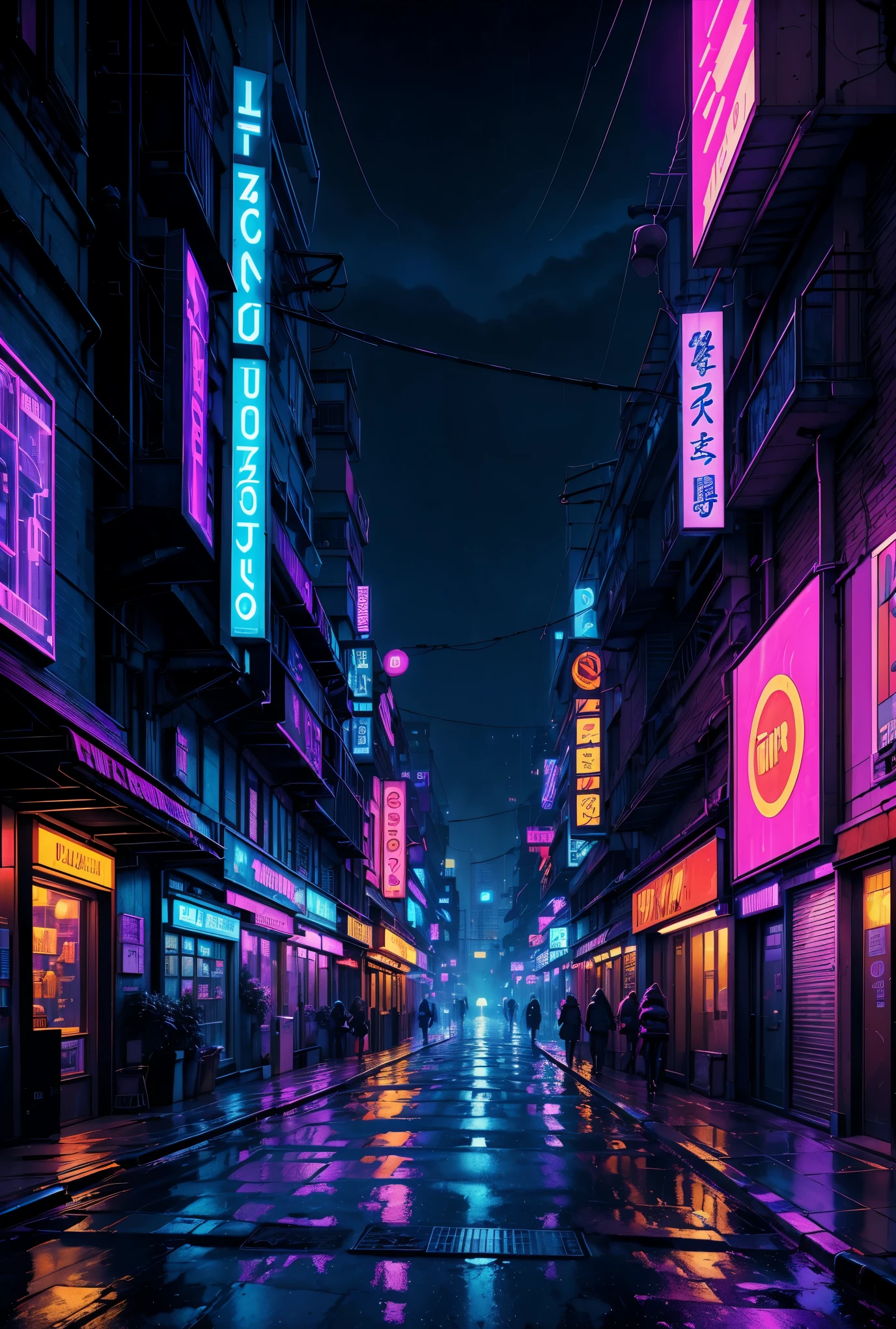 (best quality,4k,8k,highres,masterpiece:1.2),ultra-detailed,(realistic,photorealistic,photo-realistic:1.37),cityscape night cyberpunk anime neon light,traffic,hustle bustle,winding streets,glowing skyscrapers,reflection in rain-soaked pavement,lantern-lit alleys,blurry headlights,sleek futuristic architecture,hovering vehicles,anime style,hyper-realistic details,vivid colors,gritty atmosphere,dystopian city,electric energy,blinking neon signs,smoke-filled alleyways,mysterious figures in long coats,city in perpetual twilight,glowing holograms,deep shadows,subtle fog effects,electric blue and neon pink tones,dynamic light trails,verticality of the city,cool-toned color palette,shimmering rain-soaked streets,dimly lit windows,immersive urban environment,nighttime ambience,high-tech gadgets and futuristic technology,humming electric wires,sound of distant sirens.