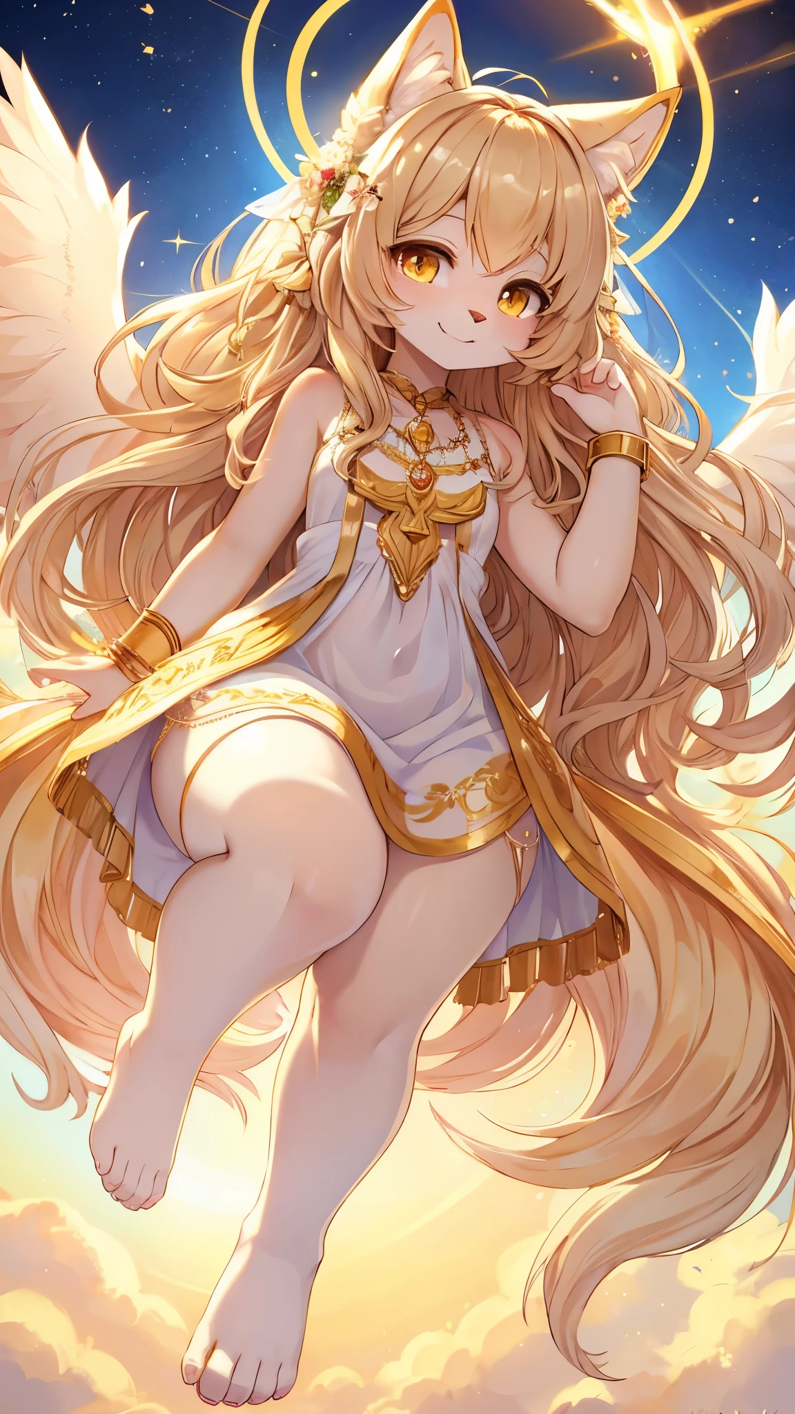 Highest quality,Highest Resolution,(Fluffy personification :1.3),Cat girl,Long golden hair,Wavy Hair,Hair spreads in the air,Golden Eyes,Sparkle Eyes,Gold bracelet,Gold body accessories ornaments,Flower Hair Ornaments,Gold body ornament,naked足,Floating in the air,A yellow ring on the head,Shiny horned wings on the back,panoramic,Golden Cloud Background,Golden sun rays,Light and shadow,View your viewers,smile,Open your mouth,smile,Place your hand on your chest,Chemoroli,naked,naked体