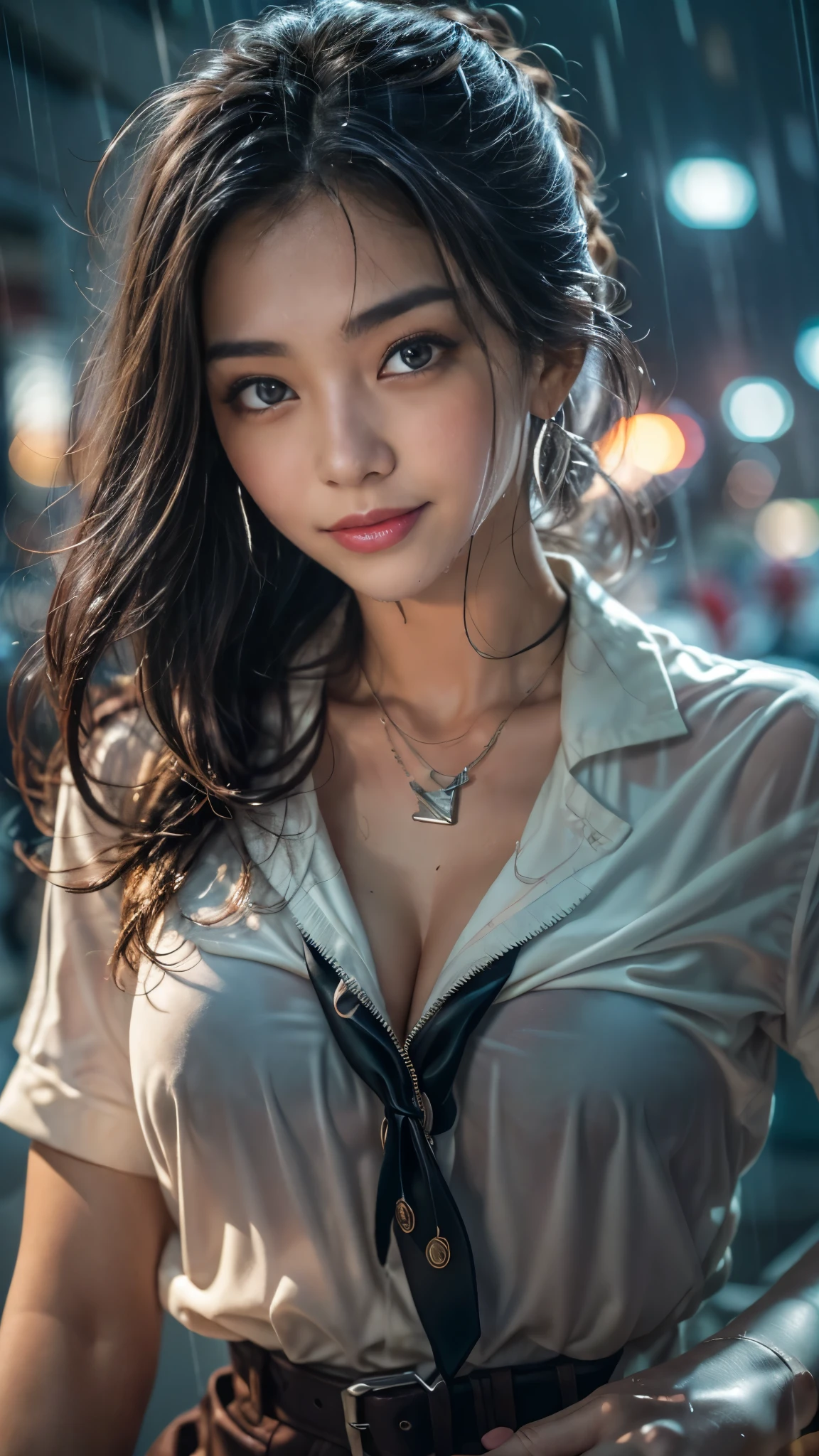 (RAW shooting, Photoreal:1.5, 8K, highest quality, masterpiece, ultra high resolution), perfect dynamic composition:1.2, Night street corner of a modern city, look up at the sky:1.3, (((Typhoon heavy rain))), Highly detailed skin and facial textures:1.2, Slim office lady wet in the rain:1.3, sexy beauty:1.1, perfect style:1.2, beautiful and aesthetic:1.1, Fair skin, very beautiful face, water droplets on the skin, (rain drips all over my body:1.2, wet body, wet hair:1.4, wet office skirt:1.2, wet office lady uniform:1.3), belt, (Medium chest, Bra see-through, Chest gap), (look of resignation, embarrassing smile, The expression on your face when you feel intense caress, Facial expression when feeling pleasure), (beautiful blue eyes, Eyes that feel beautiful eros:0.8), (Too erotic:0.9, Bewitching:0.9), cowboy shot, Shoulder bag, necklace, earrings, bracelet, clock