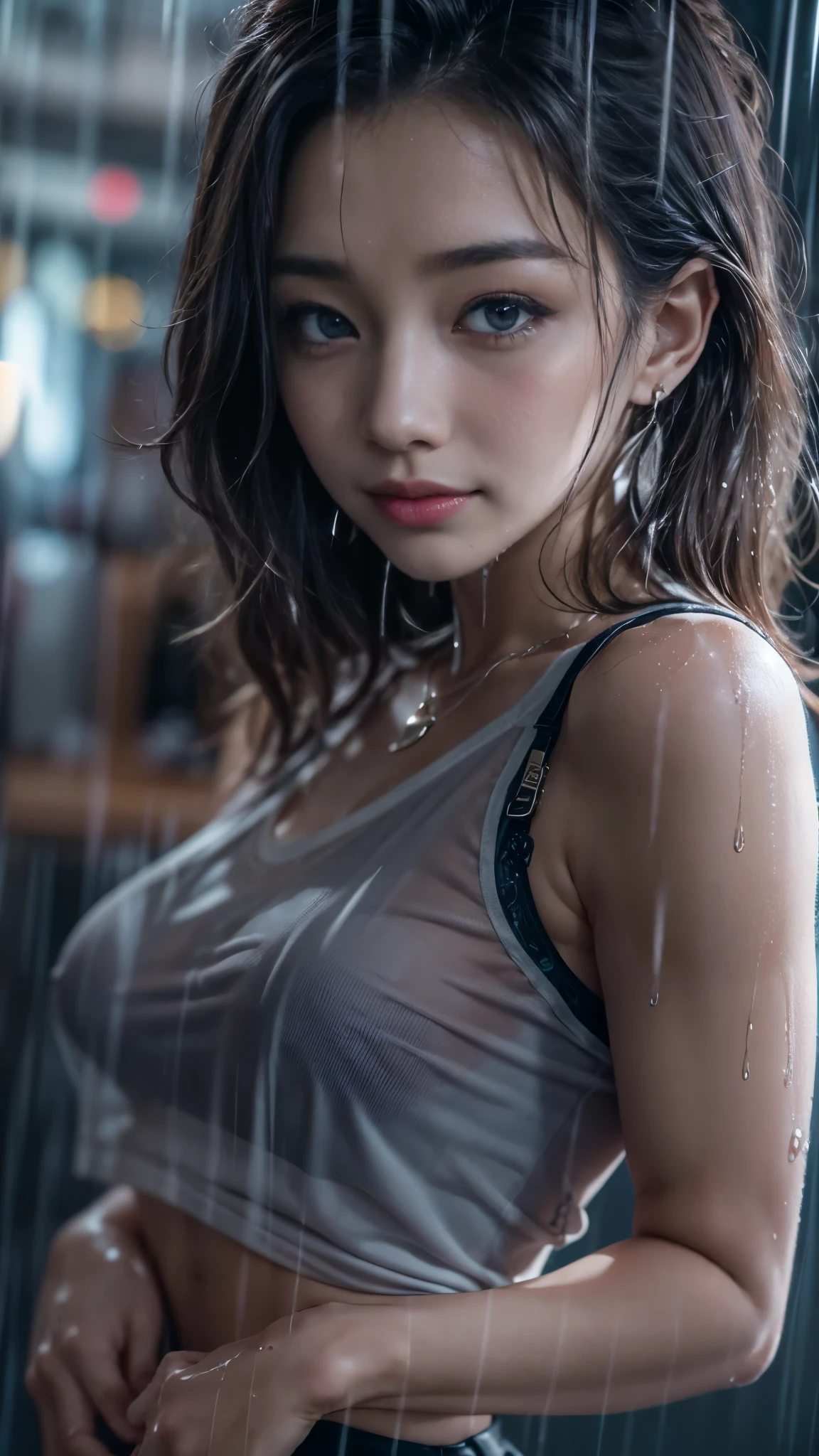 (RAW shooting, Photoreal:1.5, 8K, highest quality, masterpiece, ultra high resolution), perfect dynamic composition:1.2, Night street corner of a modern city, look up at the sky:1.3, (((Typhoon heavy rain))), Highly detailed skin and facial textures:1.2, Slim office lady wet in the rain:1.3, sexy beauty:1.1, perfect style:1.2, beautiful and aesthetic:1.1, Fair skin, very beautiful face, water droplets on the skin, (rain drips all over my body:1.2, wet body, wet hair:1.4, wet office skirt:1.2, wet office lady uniform:1.3), belt, (Medium chest, Bra see-through, Chest gap), (look of resignation, embarrassing smile, The expression on your face when you feel intense caress, Facial expression when feeling pleasure), (beautiful blue eyes, Eyes that feel beautiful eros:0.8), (Too erotic:0.9, Bewitching:0.9), cowboy shot, Shoulder bag, necklace, earrings, bracelet, clock