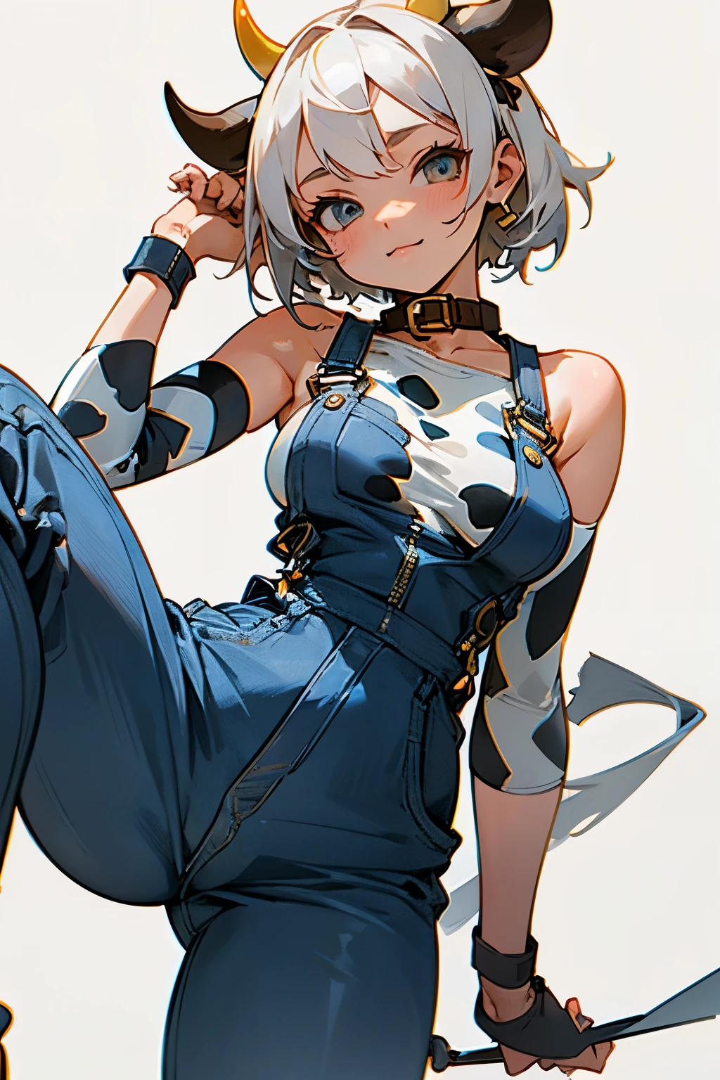 Cute girl, short white hair, exposed shoulders, medium-sized and tempting breasts, cow horns, cow ears, cow collar, bell, wearing wide jeans cut off at the ankle, ((jumpsuit)), overalls only, overalls, coveralls, jumpsuits only, overalls only 🐄🔞