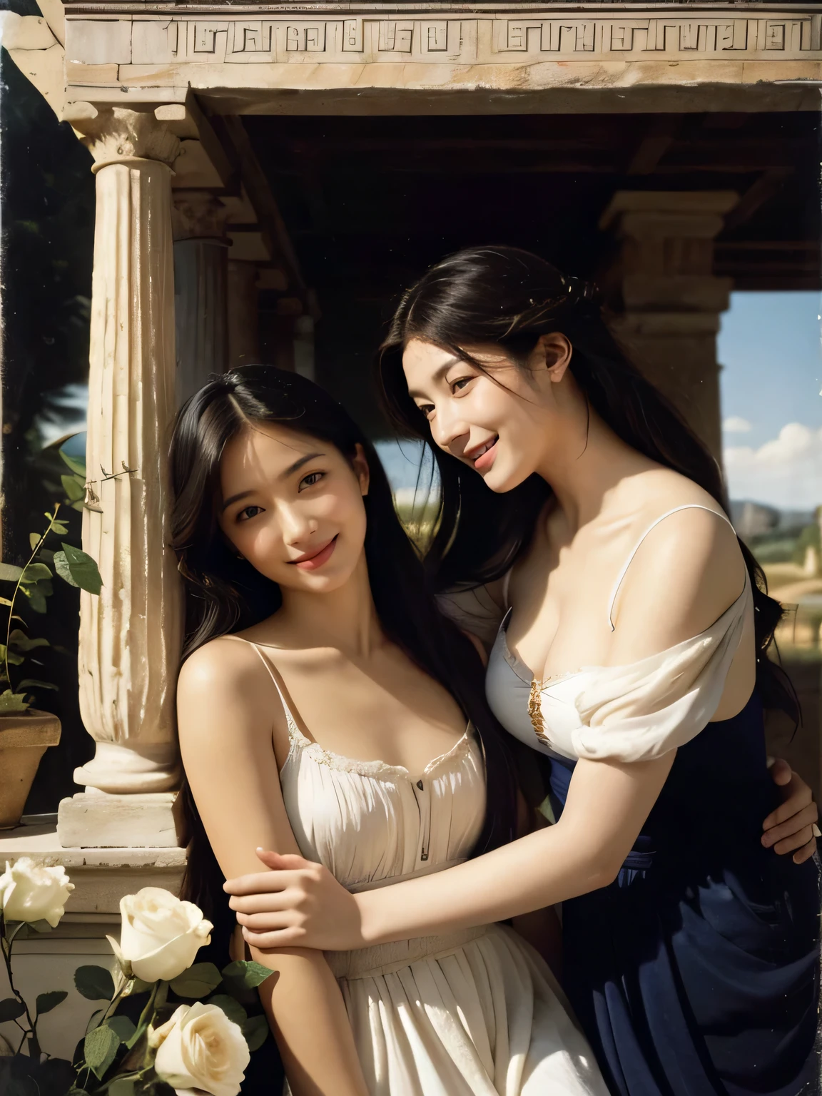 Giorgione painting style,Arguments of two female Philosophe,math、astronomical machine、astronaut、roses in vase、fruits、Cute trinkets、smile、ancient greek costume、Ancient Roman landscape in the style of Nicolas Poussin,laughter,,Sweet and seductive appearance.、Caravaggio's paintings、Chiaroscuro of Caravaggio、hair tousled by the wind,Two women frolicking,cute smile, expression of ecstasy,Sexy,erotic