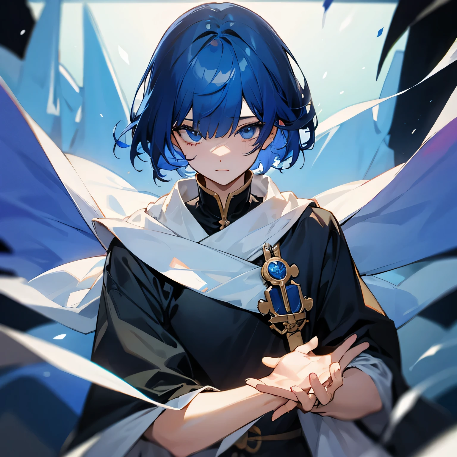 male、deep blue bobbed hair、her bangs expose one eye、hide the other eye.、blue eye ale、maleの子、male性、king子、king、short