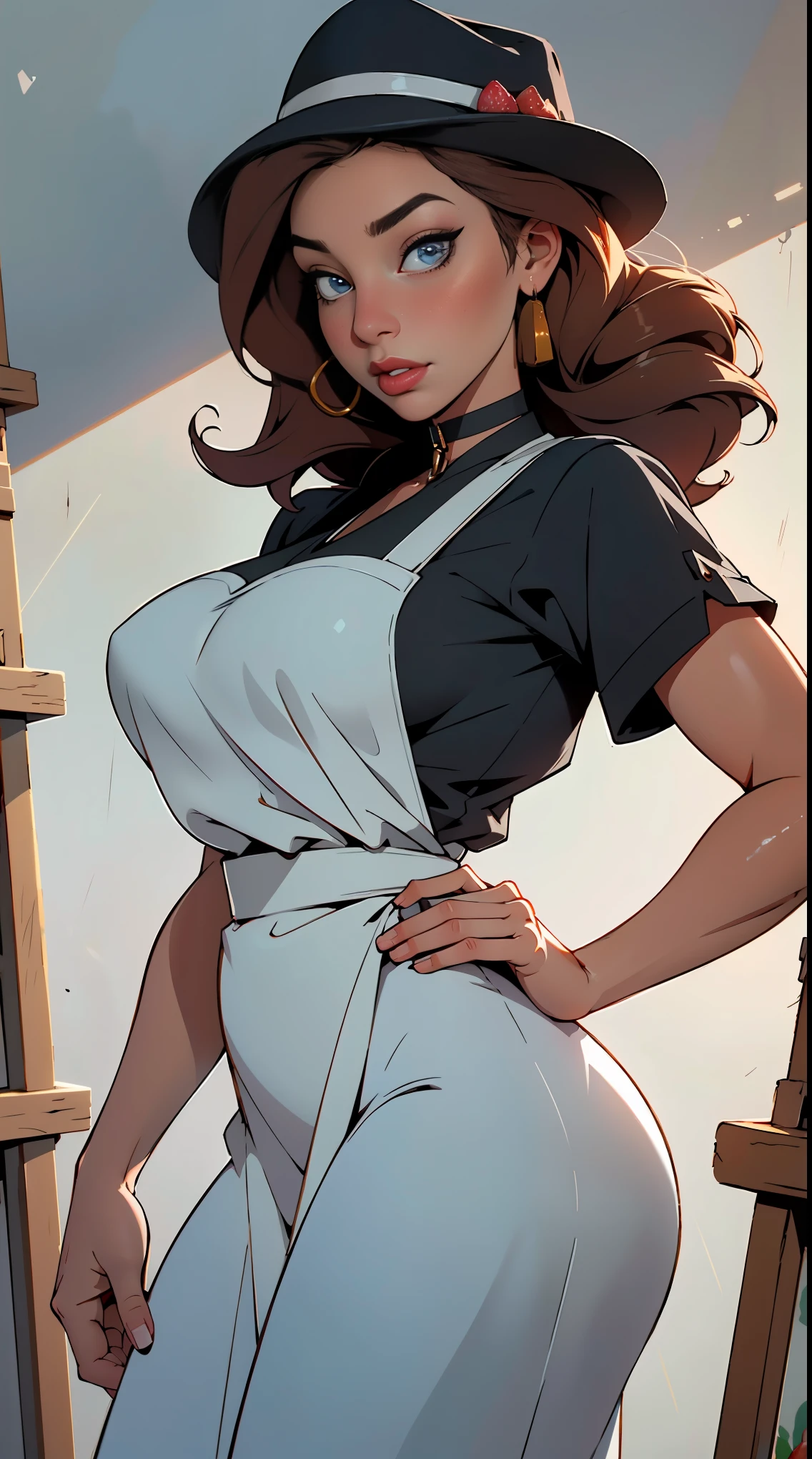 (best quality,highres),(realistic:1.37),(portrait),(studio lighting), ,solo mature woman,curvy, giant breasts, giant ass,straight strawberry blonde hair, dusty blue eyes,full lips, seductive, choker, painter's apron,painter's hat