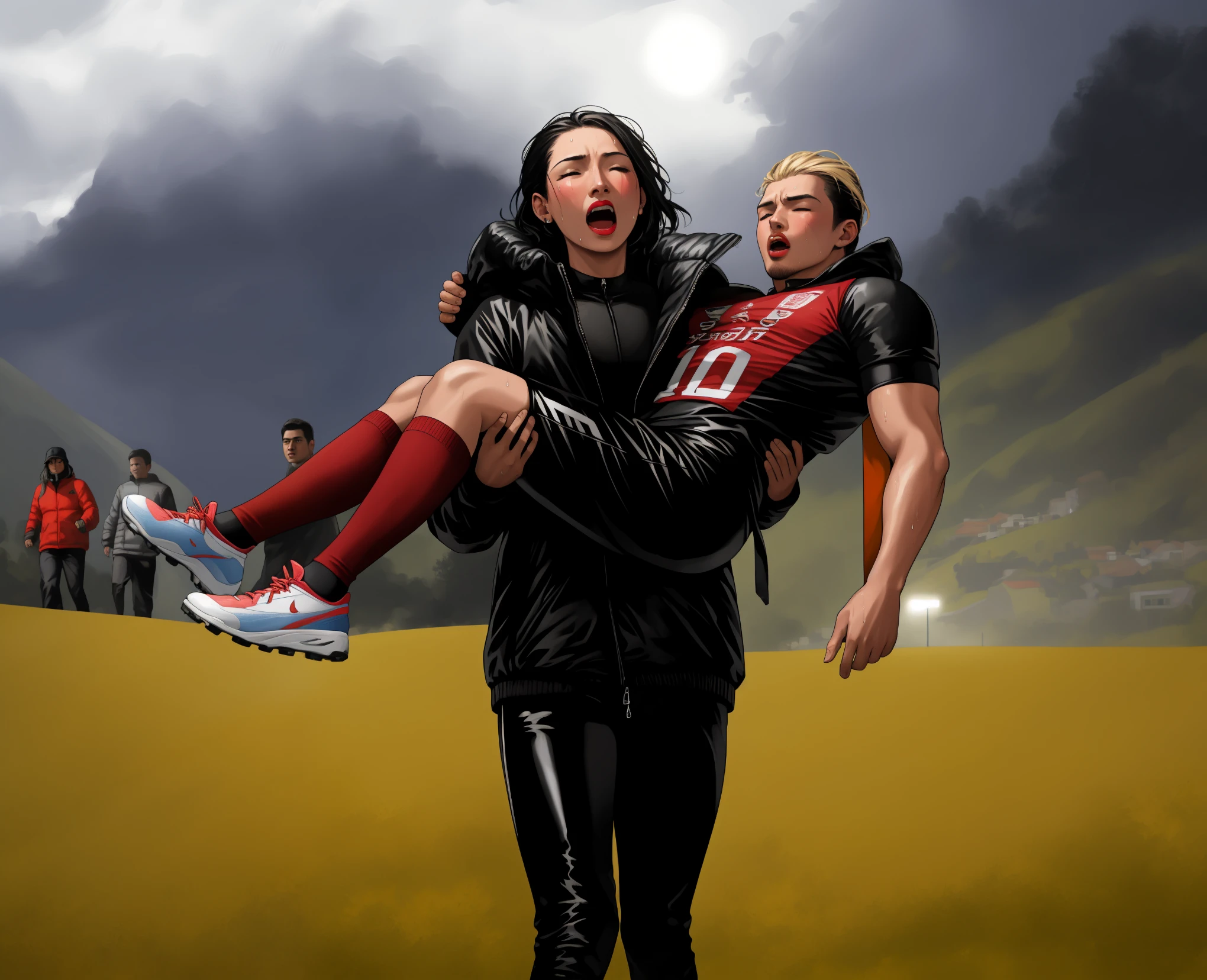 rainy weather, rainfall, humid, girl carries guy, lift and carry, an excessively madeup latino-girl in a high-shine wet black latex downcoat, a soccer scene, a soccer injury, first aid carry at a soccer match, a young madeup latino-girl in a shiny black vinyl downjacket, a madeup latino-girl in a shiny plastic-downcoat, a very sad and desperately crying latino-girl, an intensely madeup latino-girl in a glossy black vinyl-downcoat, latino-girl with lipstick, latino-girl with smoky eyes, dramatic action pose, woman that is carrying a skinny shorthaired man, there is a beautiful woman in a shiny coat who is carrying a shorthaired blond man in her arms, a longhaired beautiful woman in a high-shine black y coat, a longhaired woman in a shiny downcoat, a woman is carrying a shorthaired man who is wearing black shorts, a weak shorthaired man in black shorts is consciousless and needs to be carried, a shorthaired man with closed eyes is carried in the arms of a longhaired latino-woman, a latino-woman looks very scared and terrified, a consciousless shorthaired man with closed eyes is suffering very much and has a very painful face, photo, photo shoot, photographed, arafed man being carried by a woman, very realistic, very very realistic, hyper-realistic, hyper - realistic, hyper realistic, jacket over bare torso, very disturbing, very hyperrealistic, super realistic, hyperrealistic!, extremely realistic, very very very realistic, super-realistic