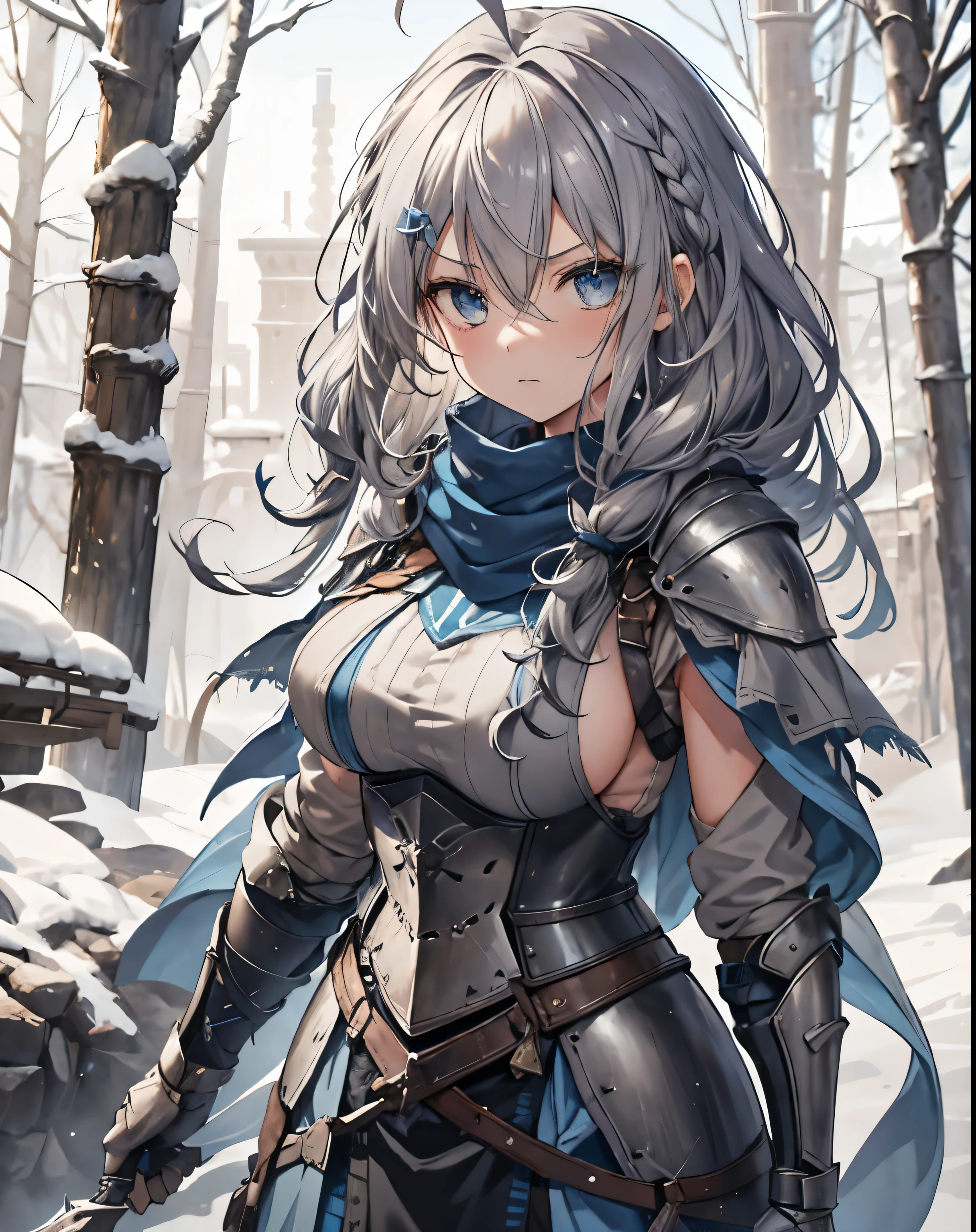 masterpiece, 1girl, sparrow, a grey haired girl, wearing a blue medieval armored knight, curly long hair, messy hair, slim body, wearing knight clothes, he close her left eye, shirt ornament, angry expression, blue eyes, stand at snowy forest, ahoge, grey vest, , shawl, big breast, beautiful breasts, rounded breasts, blue ribbon, braid hair