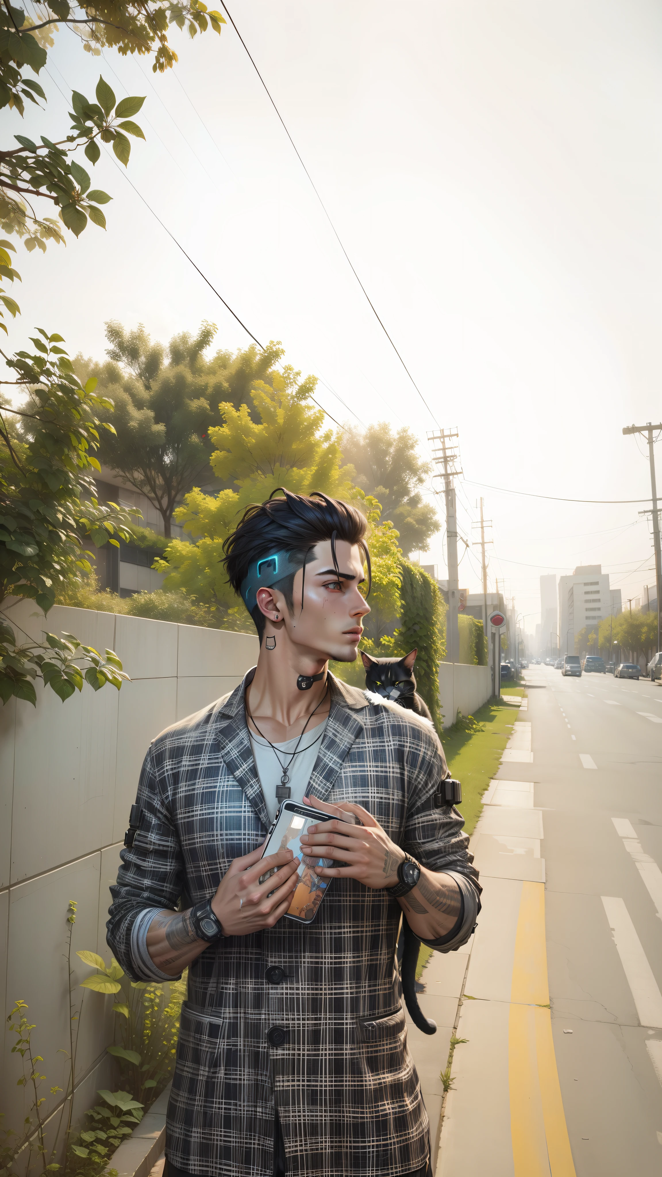 cyberpunk handsome boy ultra realistic with cat, --v 4