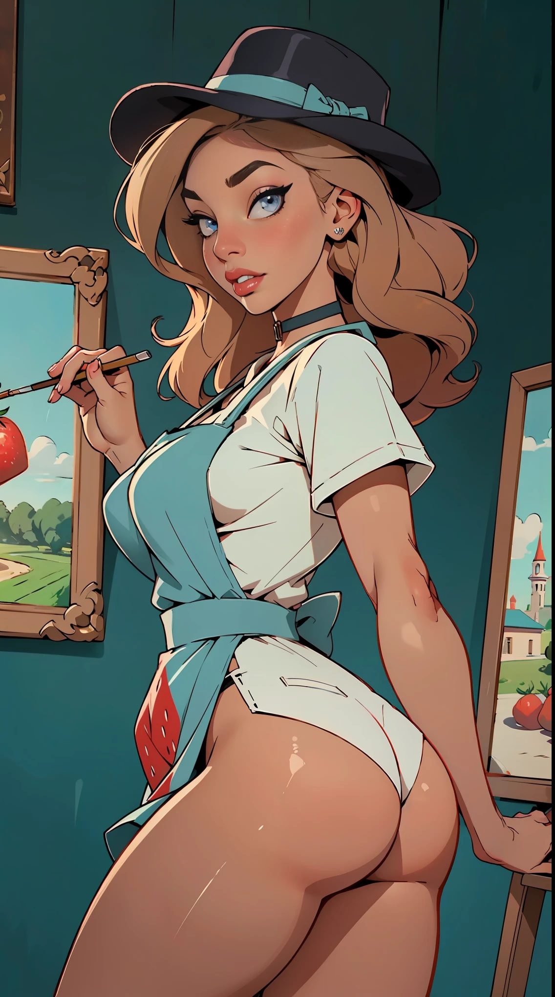 Best quality, solo mature woman, giant breasts, giant ass, very curvy, straight strawberry blonde hair, choker, dusty blue eyes, full lips, seductive, painter apron, painters hat
