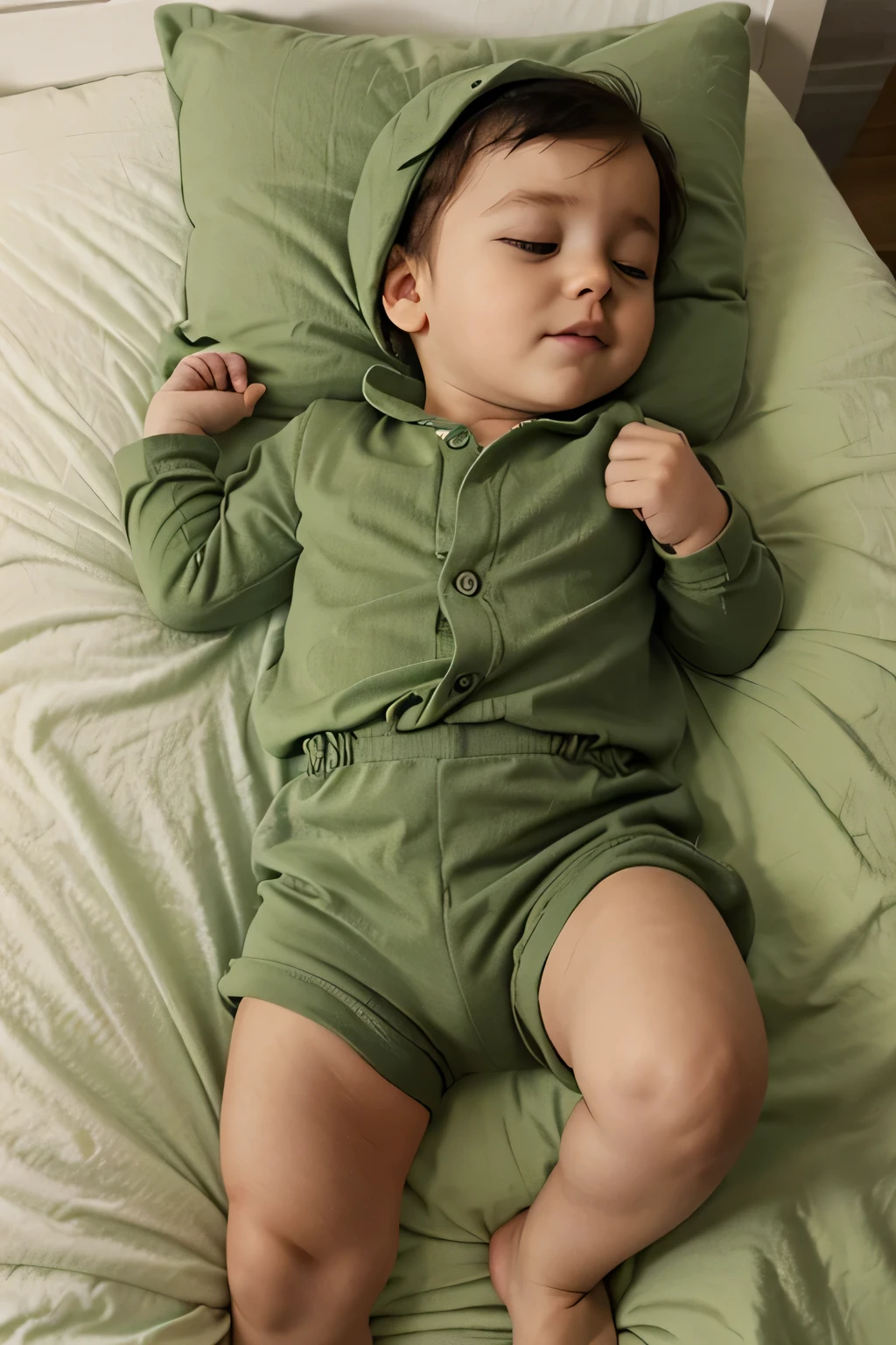 Let it be a baby. He has brown hair that is slightly blond, white skin and green hair. Let him wear a khaki green bodysuit and sleep in a cradle. Since he is a newborn, his face may be a little red. Let him lie in the hospital crib and be covered with a blue plush blanket.