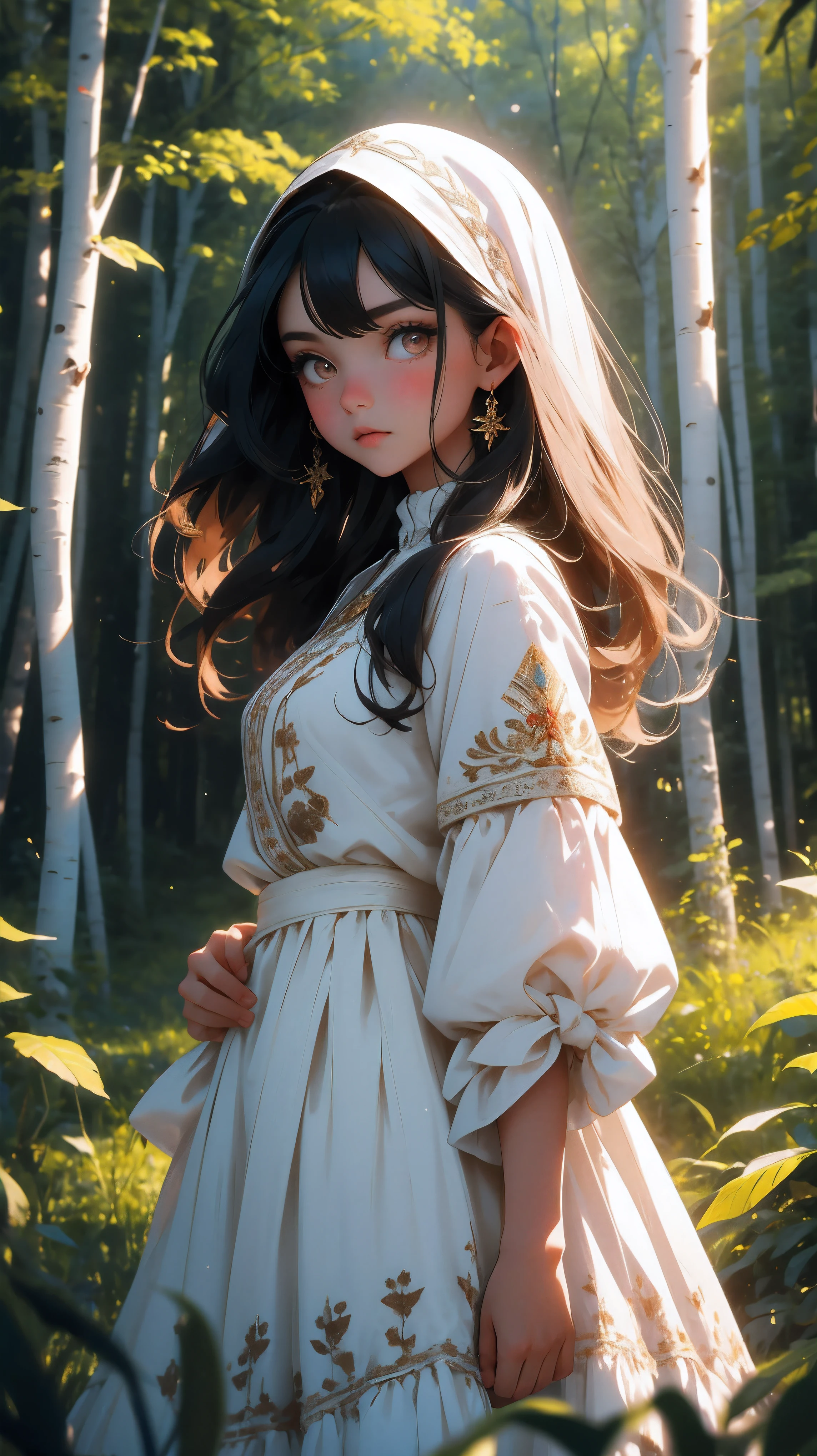 a very beautiful Slavic Ukrainian girl in a traditional white dress with embroidery with long wavy black hair and brown eyes, village, early morning, forest with birch trees

