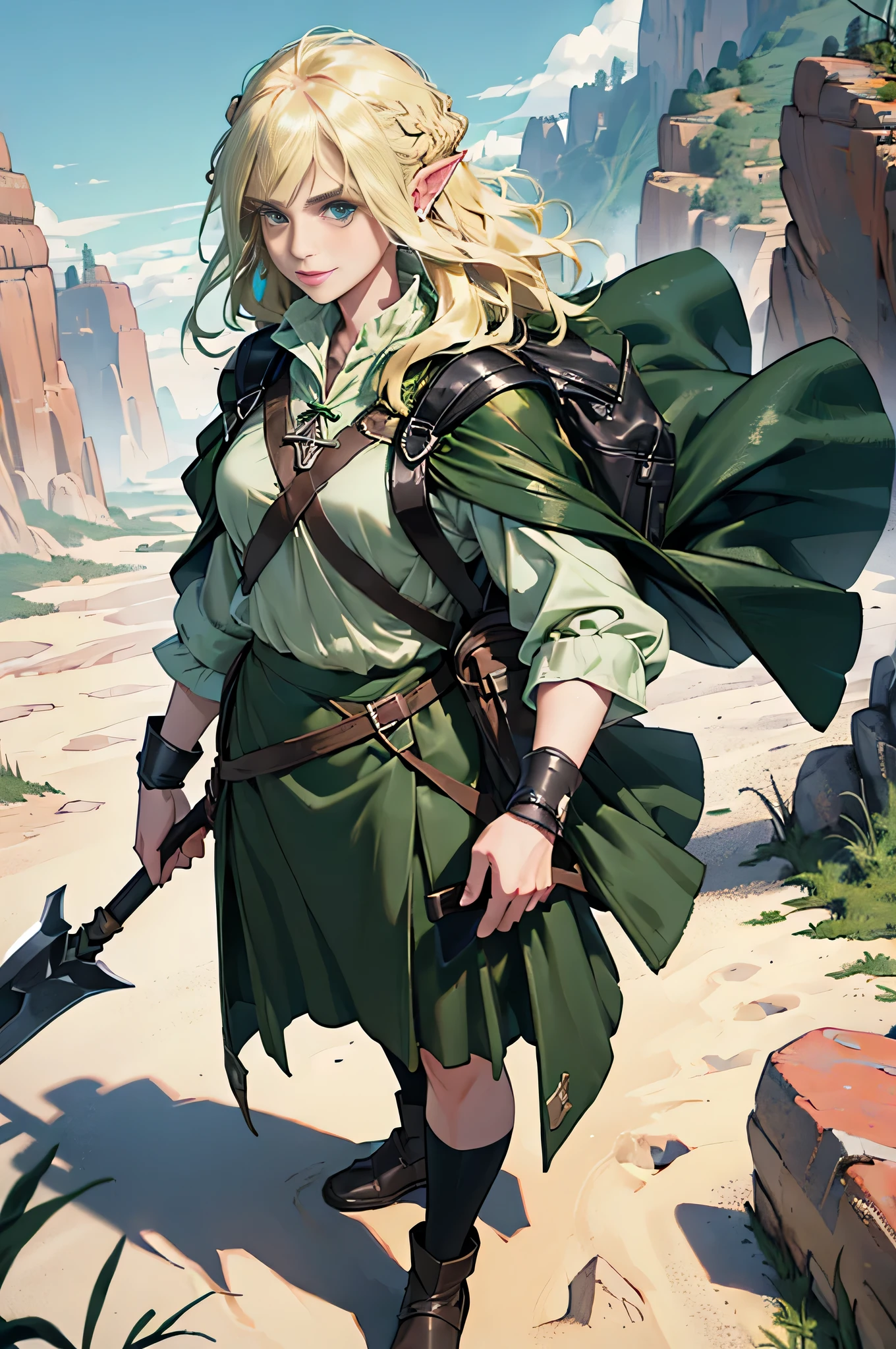 (((((girl))))), masterpiece, super detailed, 8K portrait, Raw photo, female portrait photography, full body, Highly detailed smile, ((fantasy)), (((hobbit))), ((adult)), 45 years old, 110cm, (((cave explorer))), ((white skin)), greenish blonde long wavy hair, twin tails, (wear a helmet),  (((long dark green silk cloak))) fluttering in the wind, (((Explorer Costume))), leather groove, (((skirt panties))), (((big backpack))), (((equip a pickaxe))), midday sun, surreal, slender body, Near the fog castle, environmental lighting, shadow details , focus the camera on the face, strong wind, light fog