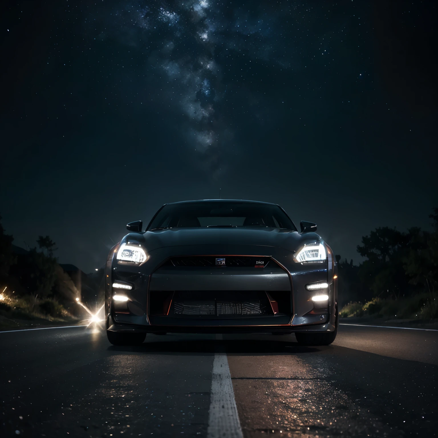 (Masterpiece: 1.0), (Best quality, Ultra high-definition: 1.5), Awe-inspiring photo, Nissan Skyline GT-R, Spaced-out environment, Glowing nebulae as backdrop, Stars twinkling in the distance, Sharp focus on intricate car details, Smooth metallic finish, Rocket boosters engaged, Trailing dust and debris, Photorealistic rendering, Stunning contrast, Depth of field: 1.1, Epic space exploration scene, Surreal and breathtaking, Motion blur from speed, HDR lighting effects, Sunlight reflecting off car surfaces, Galactic landscape in the background