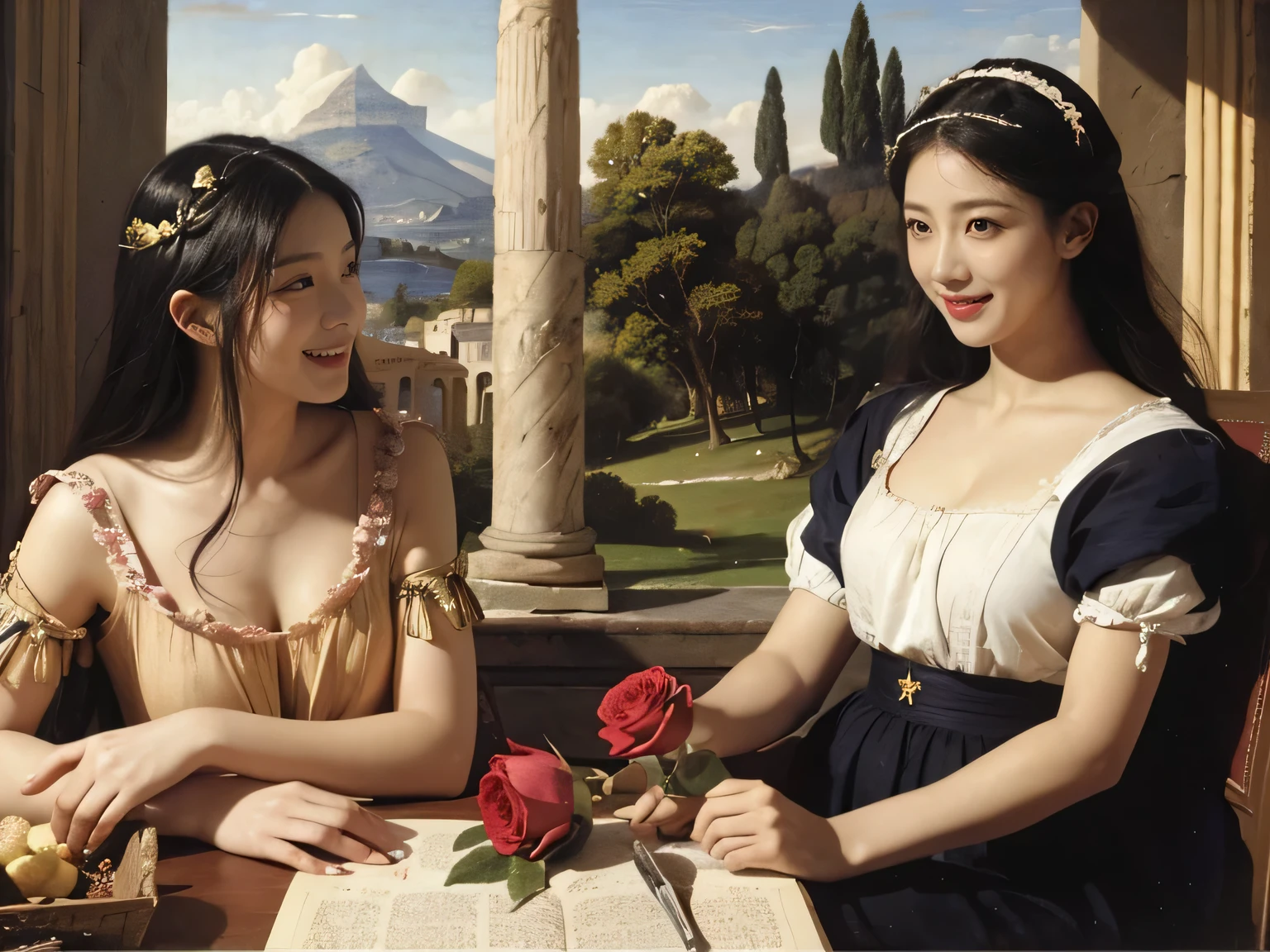 Giorgione painting style,Arguments of two female Philosophe,math、astronomical machine、astronaut、roses in vase、fruits、Cute trinkets、smile、ancient greek costume、Ancient Roman landscape in the style of Nicolas Poussin,laughter,,Sweet and seductive appearance.、Caravaggio's paintings、Chiaroscuro of Caravaggio、hair tousled by the wind,Two women frolicking,cute smile, expression of ecstasy,Sexy,erotic