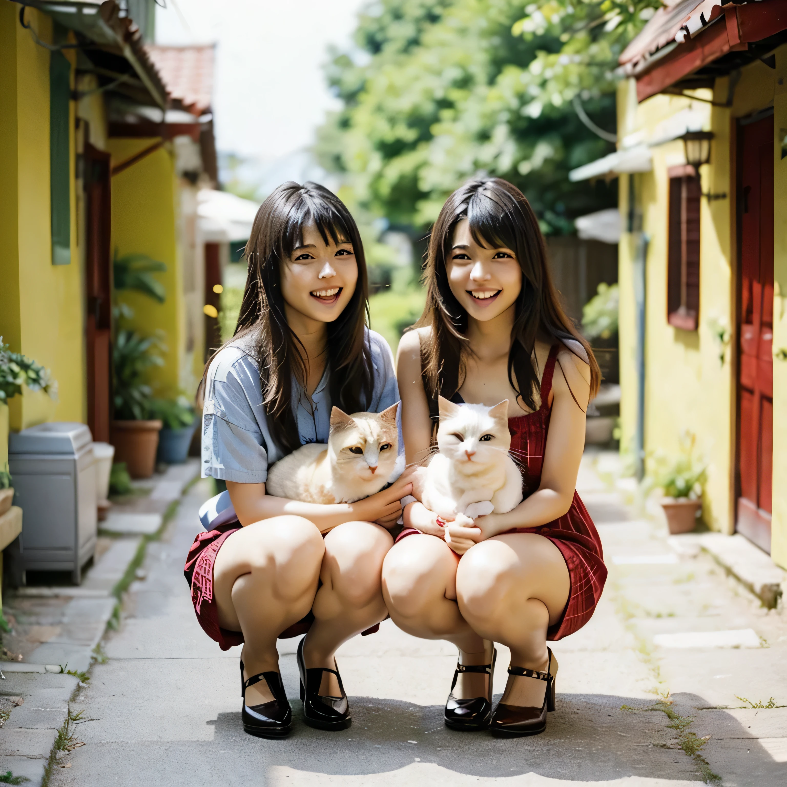 Identical twin sisters holding a cat Beautiful woman 24-years-old laughter Asian hair length