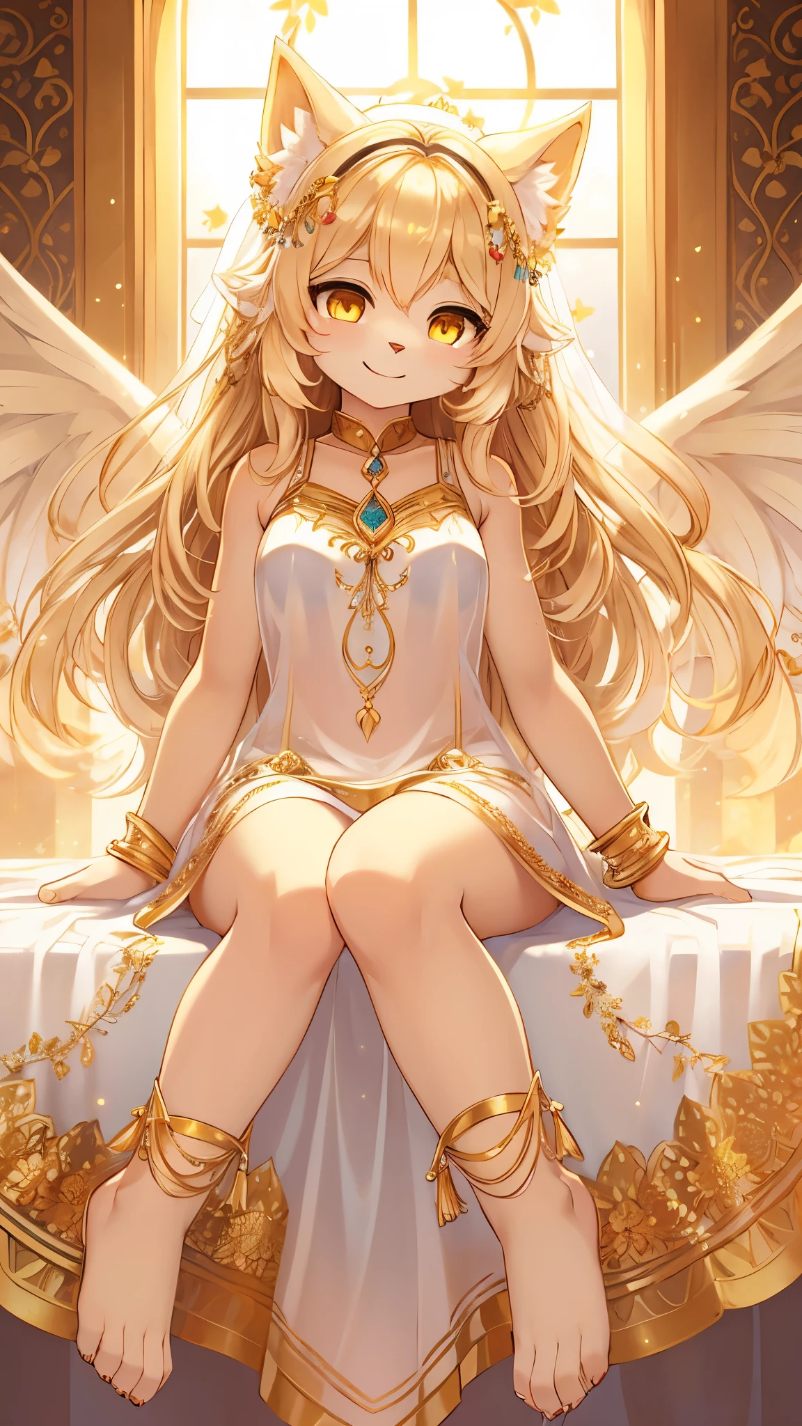 (fluffy anthro furry :1.3),cat girl,gold long hair,wavy hair,hair spread in the air,gold eyes,sparkle eyes,gold and white fur,see through white dress,sleeveless,see through white veil,see through long white fabric over shoulder,see through white long cloth at wrist,gold bracelets,gold body accessories ornaments,floral hair ornaments,gold body ornaments,bare foot,floating in the air,yellow glowing halo on head,shiny angle wings on back,panoramic view,golden clouds background,gold sunbeam,light and shadow,looking at viewer,smile,happy face,sit