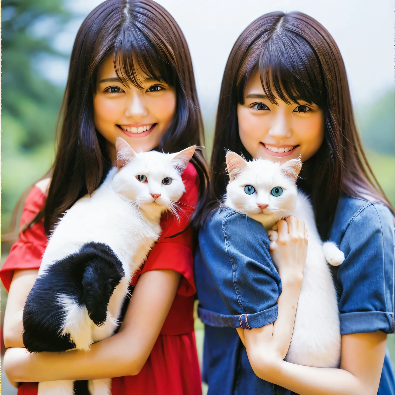 Identical twin sisters holding a cat Beautiful woman 24-years-old laughter Asian hair length