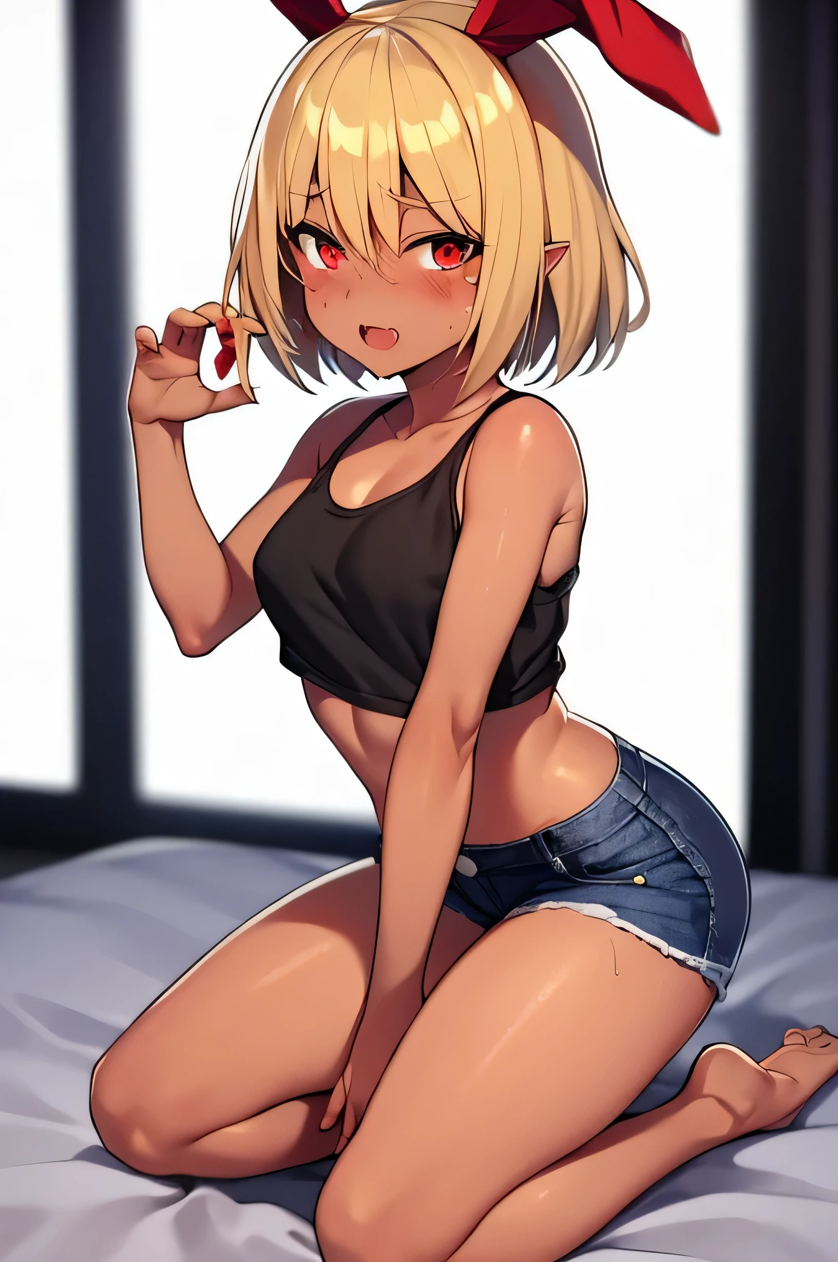 2D，highest quality，(masterpiece)，(full body)，Rumia，blonde，1 girl，，young，small ears，healthy dark skin，黒のdenim hot pants，Tank top，barefoot，barefoot，attractive thighs，butt，(red ribbon on head )，share，Bedroom，Get drunk，Sweat，upper grade，cheeks are bright red，(kneeling pose)， (wave hands)，Cute with bruises，erotic，i feel it，denim hot pants，night，breathing heavily，female brat，An evil kid like a little devil，heart above head