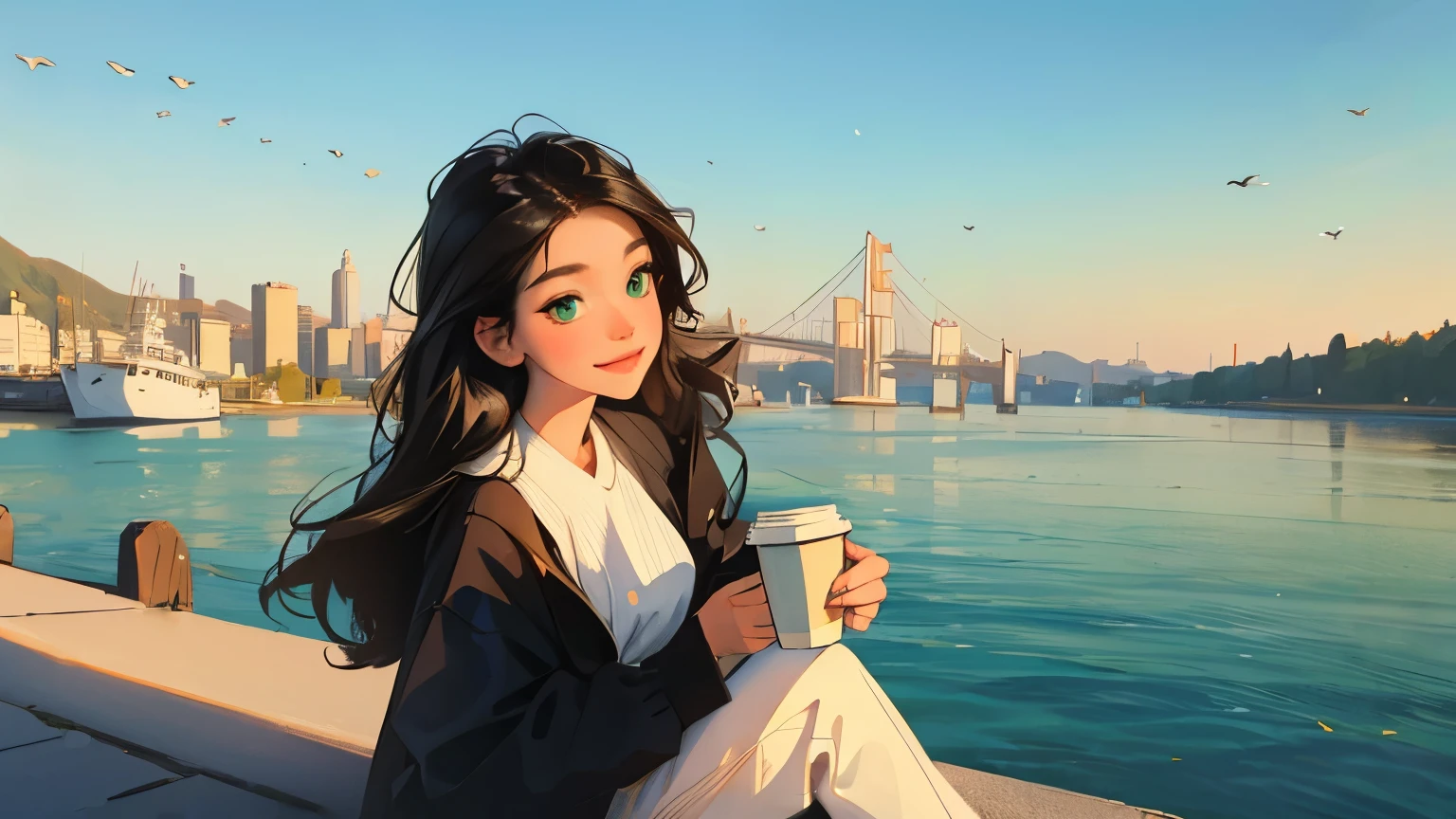 ((masterpiece)),(((bestquality))),((ultra-detailed)) realisticlying, 1 girl, Beautiful, black hair, happy, solo, The sky morning, looking to viewer, soft green, city, lake, ship, holding a coffee cup BREAK.