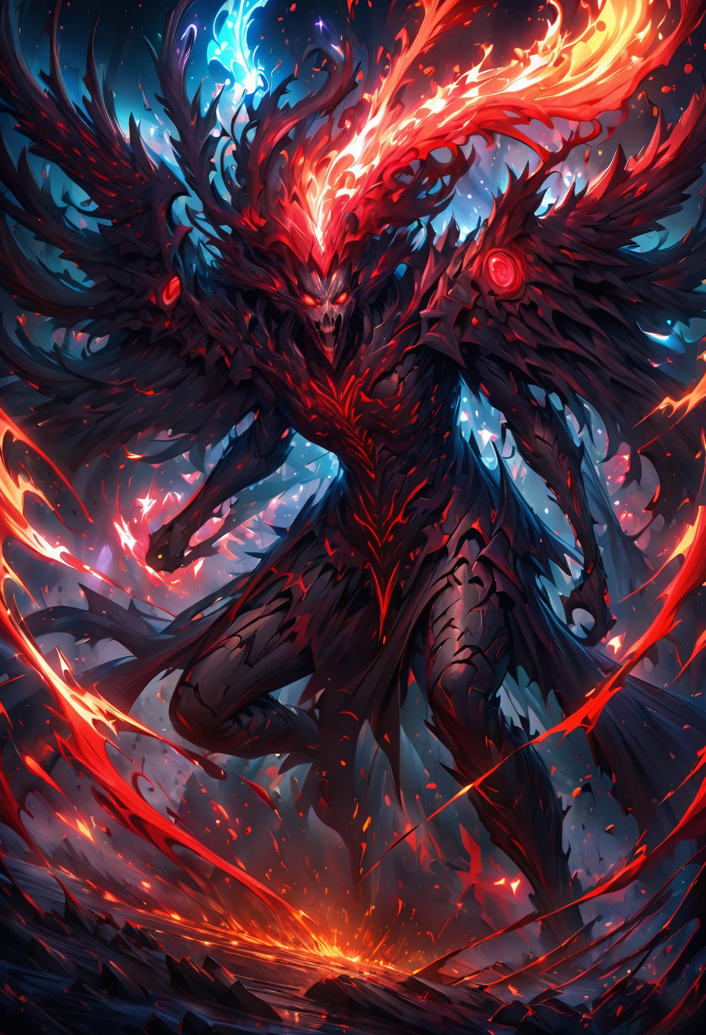 create fallen archangel,detailed angel wins, bloodlust, red glowy eyes, eerie, creepy, nightmarish, very bright colors, light particles, wallpaper art, cosmic energy,high detailed