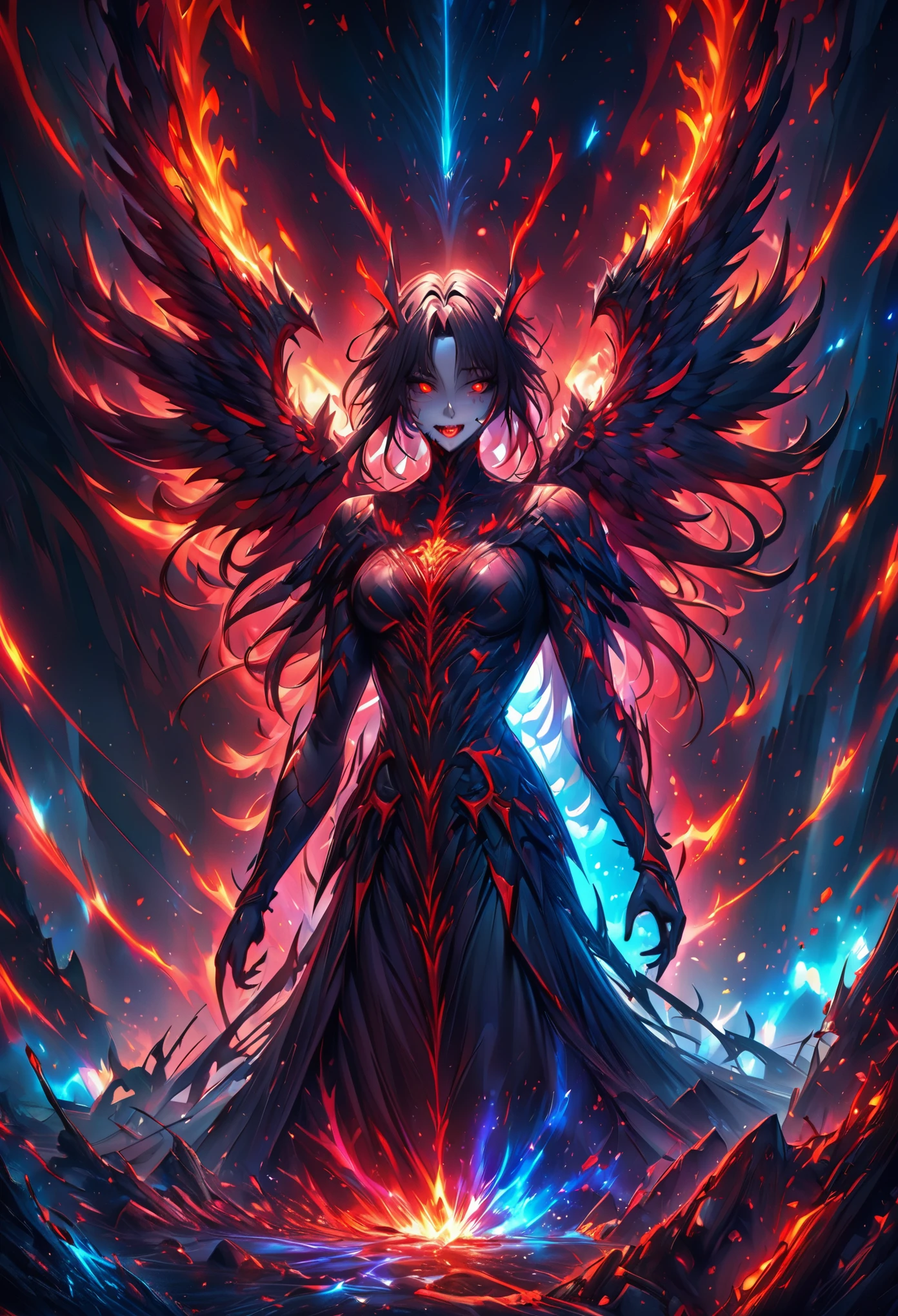 create fallen archangel,detailed angel wins, bloodlust, red glowy eyes, eerie, creepy, nightmarish, very bright colors, light particles, wallpaper art, cosmic energy,high detailed