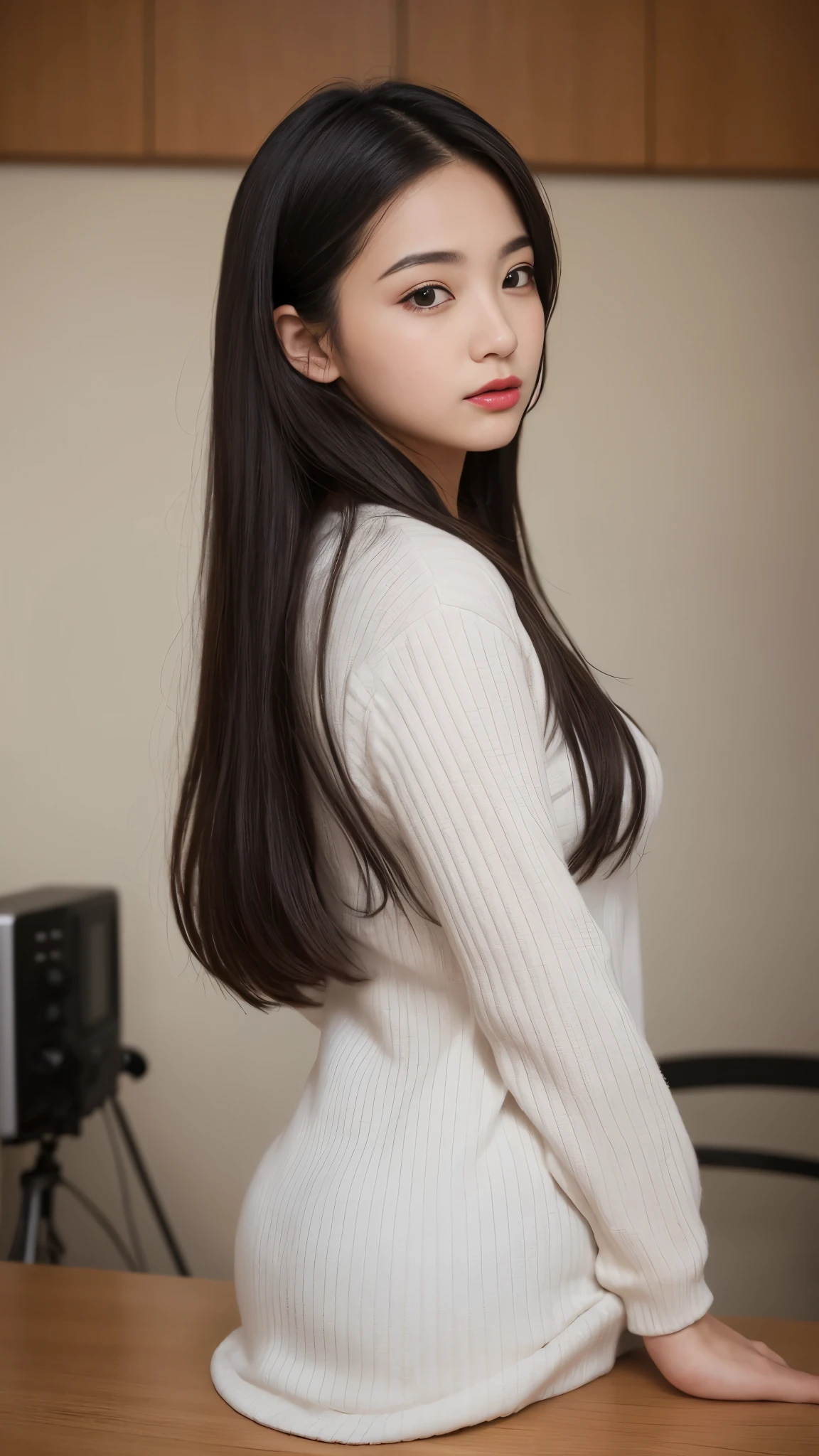 a beautiful asian girl watching the tv, camera view from behind seeing the tv, extremely detailed eyes and face, beautiful detailed lips, longeyelashes, realistic, photorealistic, photo-realistic:1.37, HDR, UHD, studio lighting, ultra-fine painting, sharp focus, physically-based rendering, extreme detail description, professional, vivid colors, bokeh, 1girl, portrait, interior, sitting, introspective