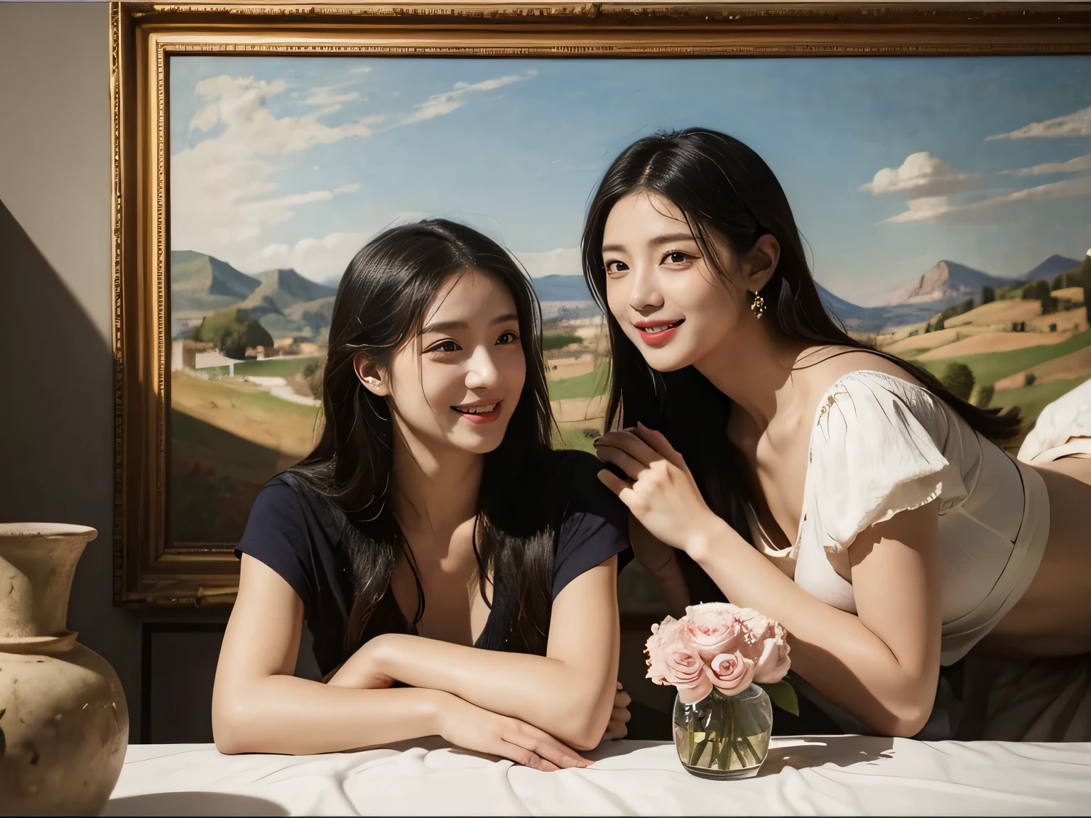 Giorgione painting style,Arguments of two female Philosophe,math、astronomical machine、astronaut、roses in vase、fruits、Cute trinkets、smile、ancient greek costume、Ancient Roman landscape in the style of Nicolas Poussin,laughter,,Sweet and seductive appearance.、Caravaggio's paintings、Chiaroscuro of Caravaggio、hair tousled by the wind,Two women frolicking,cute smile, expression of ecstasy,Sexy,erotic