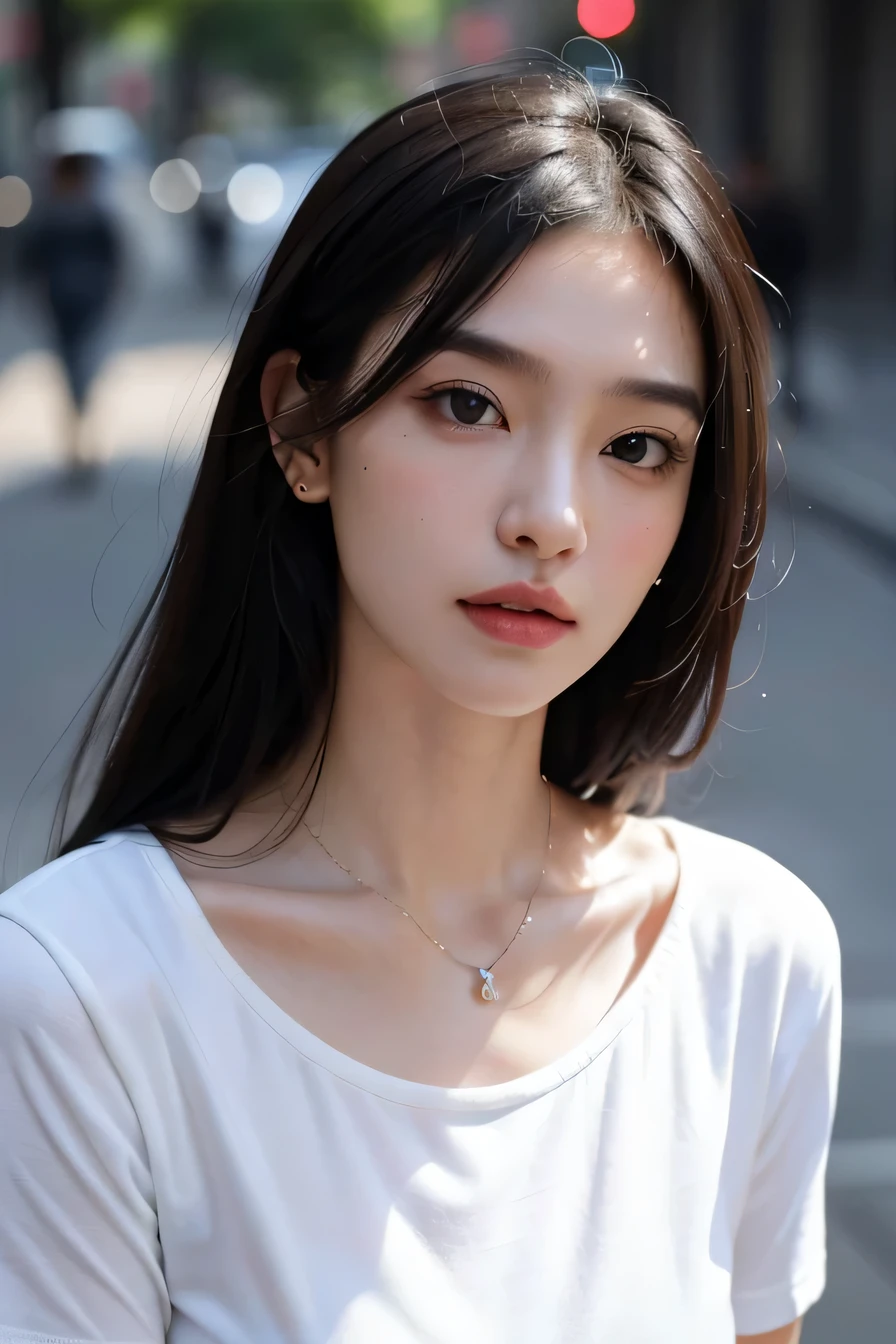 highest quality、8K、masterpiece:1.3))、sharp focus:1.2、beautiful woman with perfect style:1.4、Tit wearing a white mask:1.2))、(white t-shirt:1.1)、street:1.2、Highly detailed face and skin texture、detailed eye、double eyelid、necklace around neck、black hair、ear piercing、dark eyeliner
