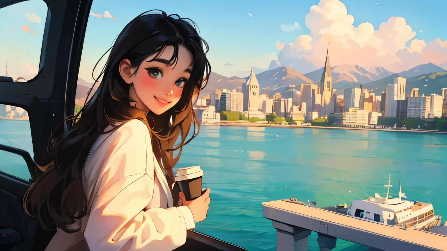 ((masterpiece)),(((bestquality))),((ultra-detailed)) realisticlying, 1 girl, Beautiful, black hair, happy, blush kind smile, solo, The sky morning, looking to viewer, soft green, city, lake, ship, holding a coffee cup BREAK.