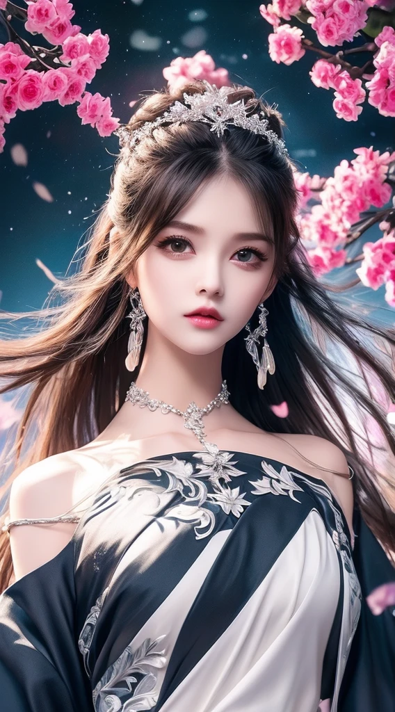 8k ultra hd, masterpiece, a girl, good face, detailed, eyes, beautiful lips, very hong hair, spreading hair, medium breasts, wedding dress,
black dress, in the park, flying birds, blowing winds, clear weather, whole body capture,