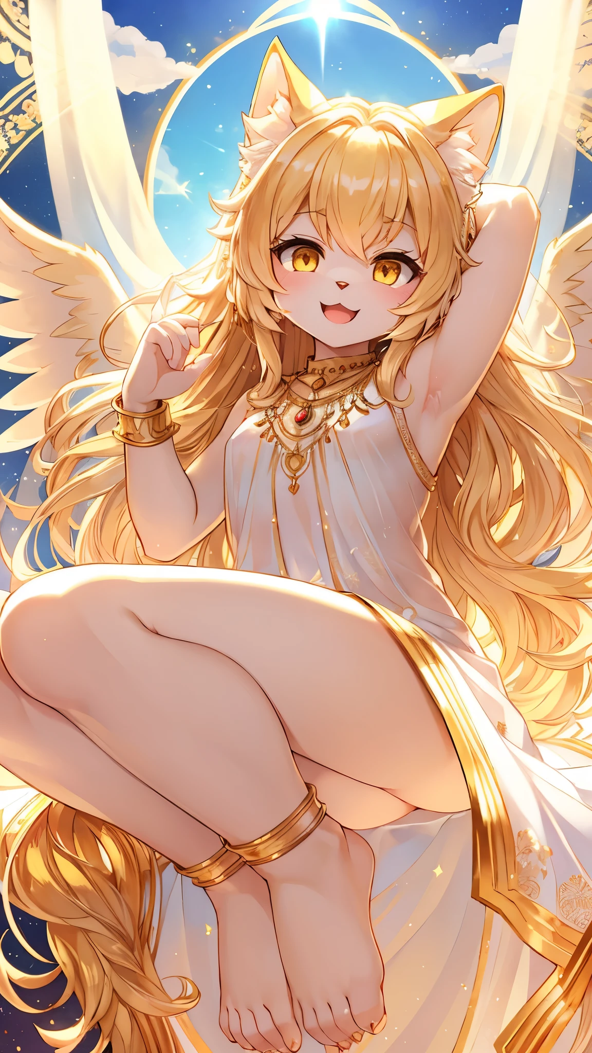 (fluffy anthro furry :1.3),cat girl,gold long hair,wavy hair,hair spread in the air,gold eyes,sparkle eyes,gold and white fur,see through white dress,sleeveless,see through white veil,see through long white fabric over shoulder,see through white long cloth at wrist,gold bracelets,gold body accessories ornaments,floral hair ornaments,gold body ornaments,bare foot,floating in the air,yellow glowing halo on head,shiny angle wings on back,panoramic view,golden clouds background,gold sunbeam,light and shadow,looking at viewer,smile,open mouth,happy face,sit,shiny armpits,show armpits