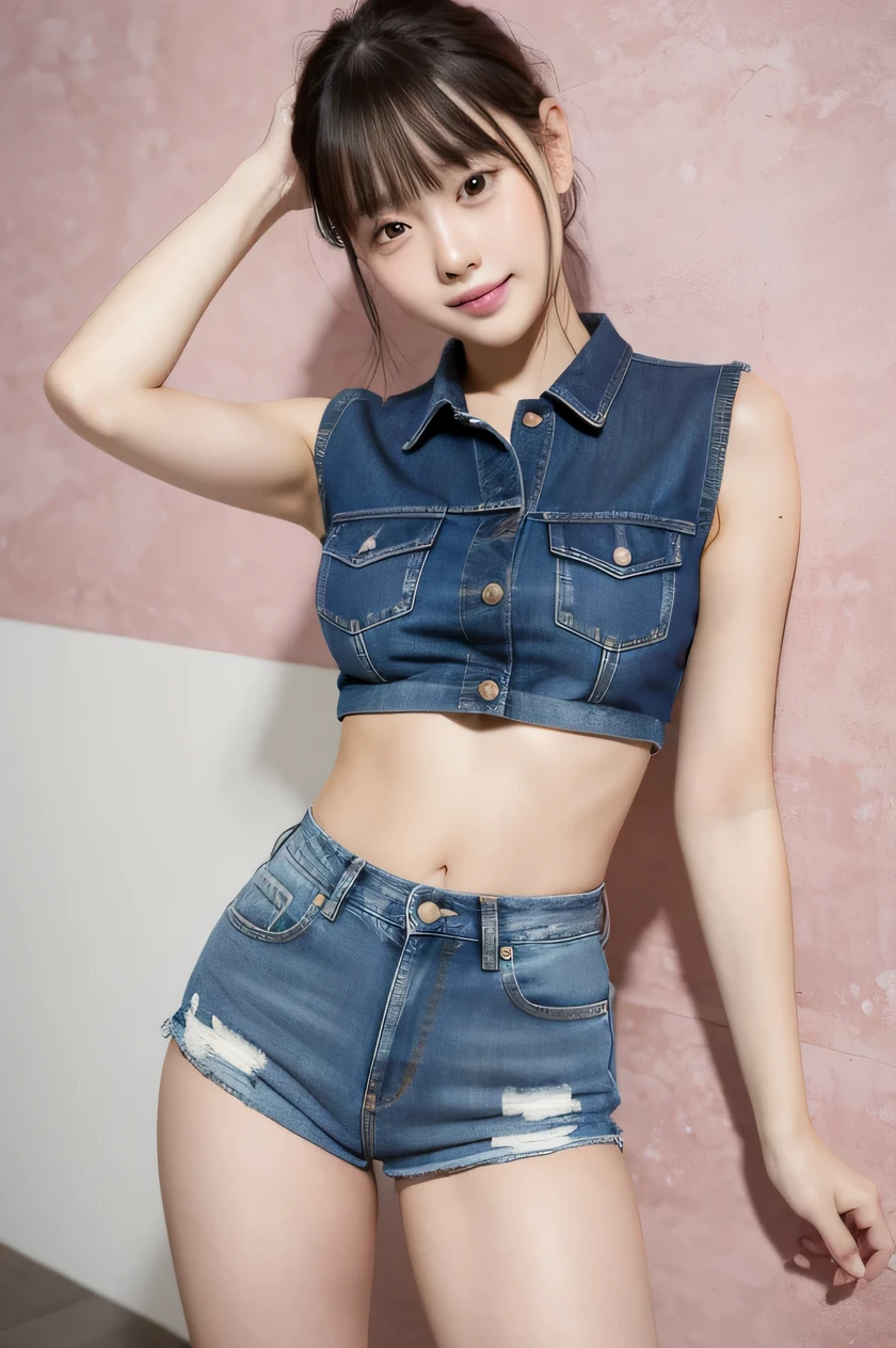 The beauty of 8K raw photos:2.0, short hair, 18years old, great face and dark eyes, looking at the viewer, smile full of joy:1.6, show teeth, dynamic pose, spread leg, (pink micro bikini, denim shorts:1.2), shinny skin, realistic:1.9, very detailed, High resolution RAW color photos, professional photos, Taken at the studio, plain wallpaper, girl sexy portrait