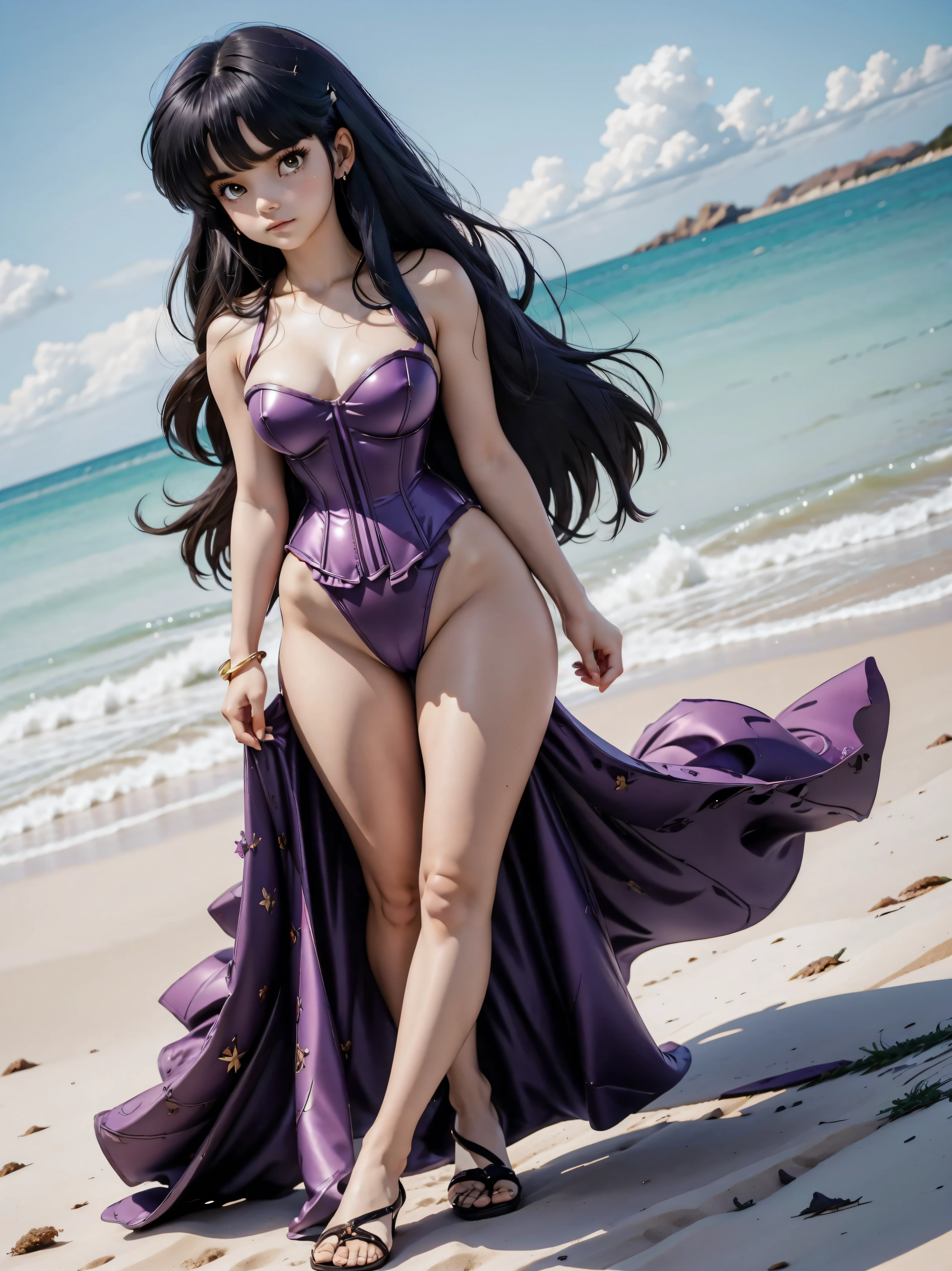 Dark-haired anime girl in pink swimsuit and corset, , corpo bonito, seios grandes, with your hand in your panties , hand in hair, Garota sensual, purple cabelo, mechas de cabelo laterais, mechas de cabelo na lateral do rosto, beautiful lighting, sombras suaves, olhos azuis, pernas bonitas, cabelo curto, estilo anime, personagem Akane Tendo, Autora Rumiko Takahashi, Baseado em obra de Rumiko Takahashi, Anime Ranma 1/ 2, decote sensual, quadril robusto, corpo inteiro, corpo inteiro, busto grande, garota jovem com corpo belo e bonito, sandals on his feet, garota 16 anos usando maiô e corset pink, garota anime, estilo anime, beautiful feet in sandals, 45° viewing angle, ao ar livre, peito grande, seios bonitos, cabelo preto, sandals on the feet, pernas bonitas, sensual, belas pernas, Sandalias, seios grandes, corpo completo, corpo inteiro, feet with sandals, anime realista, saia, sarja roxa, personagem realista sensual, postura reta, ao ar livre, calcinha pink