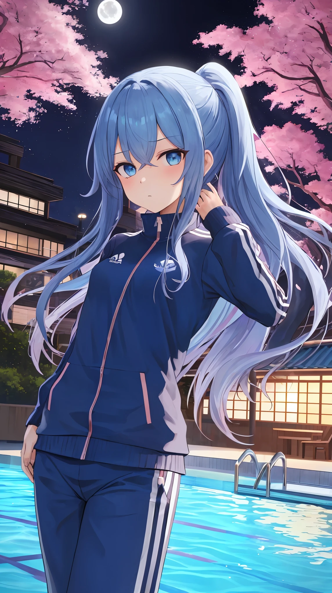 (masterpiece), best quality, expressive eyes, perfect face, details, solo, dolphin girl, dolphin tail, long hair, ocean blue hair, ocean blue eyes, blue tracksuit, long sleeves, long pants, city, cherry blossom trees, pool, night, moon, kuudere, expressionless, cool, cold