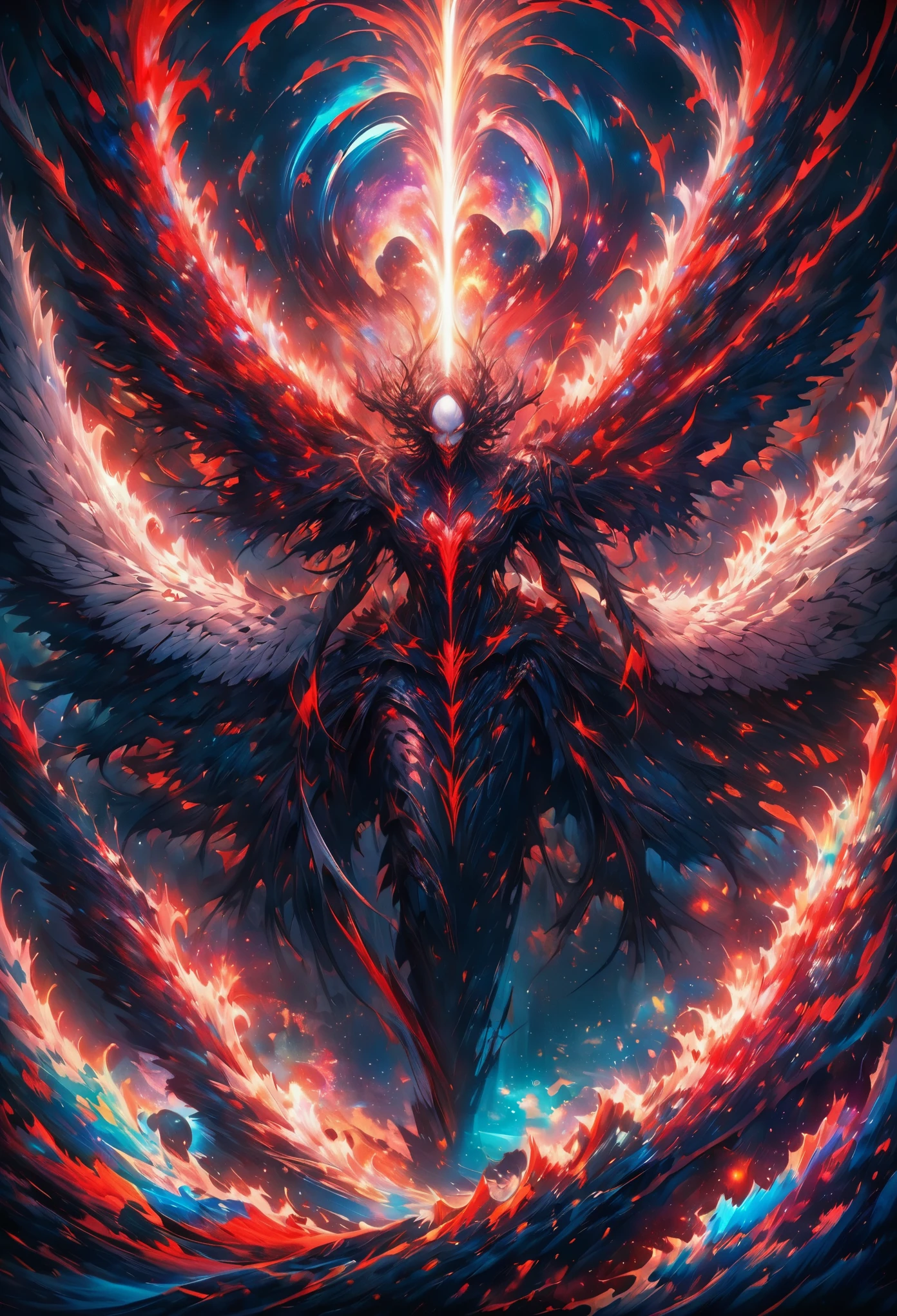 create fallen archangel,detailed angel wins, bloodlust, red glowy eyes, eerie, creepy, nightmarish, very bright colors, light particles, wallpaper art, cosmic energy,high detailed,The memory fades.  (abstract, blank, broken, dreamy, stripped like a piece of paper, dissipating effect)