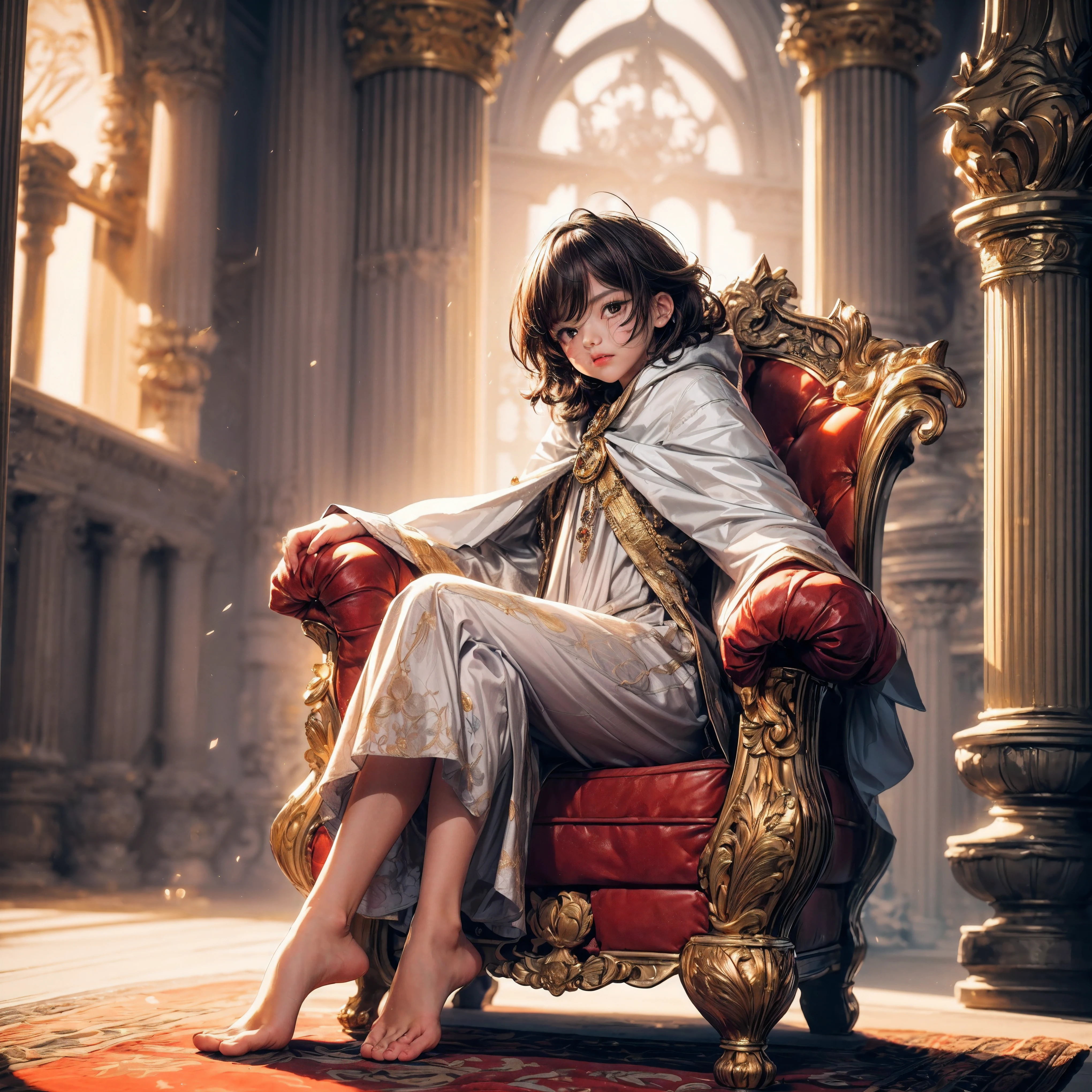 (Be close to the audience), (best quality,4K,8K,high resolution,masterpiece:1.2),Super detailed,(actual,photoactual,photo-actual:1.37), (alone), (A very cute boy:1.2) Wearing a white cloak and (Very long silk dress:1.1), (prince), (best wrinkles, best shadow, best texture), (barefoot), Soft curls, sDull eyes, (Dull eyes, looking at the audience, (anger, blush)), (Sitting dignifiedly on an exquisite and solemn throne), In the splendid palace, Bathed in the warm golden sunshine, Create a dreamy and magical atmosphere.