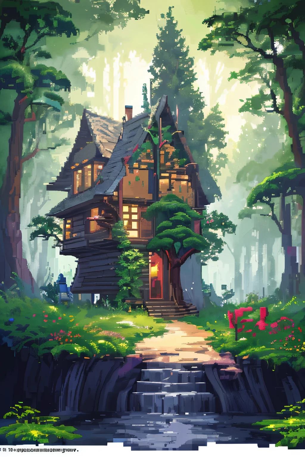 Pixel art of pine forest with a house, beautiful detailed pixel art, detailed pixel art, Lofidel retro video game, concept pixelart, detailed pixel artwork, Pixel art style, pixel town, pixel art animation, high quality pixel art, super detailed color lowpoly art, #Pixel art:3, # Pixel art, #Pixel art, isotonic perspective, Pixel art tourist destination landscape. Evening. 3d pixel art 4k wallpaper. Incredible pixel art details. Pixel art, Detailed unreal engine pixel art