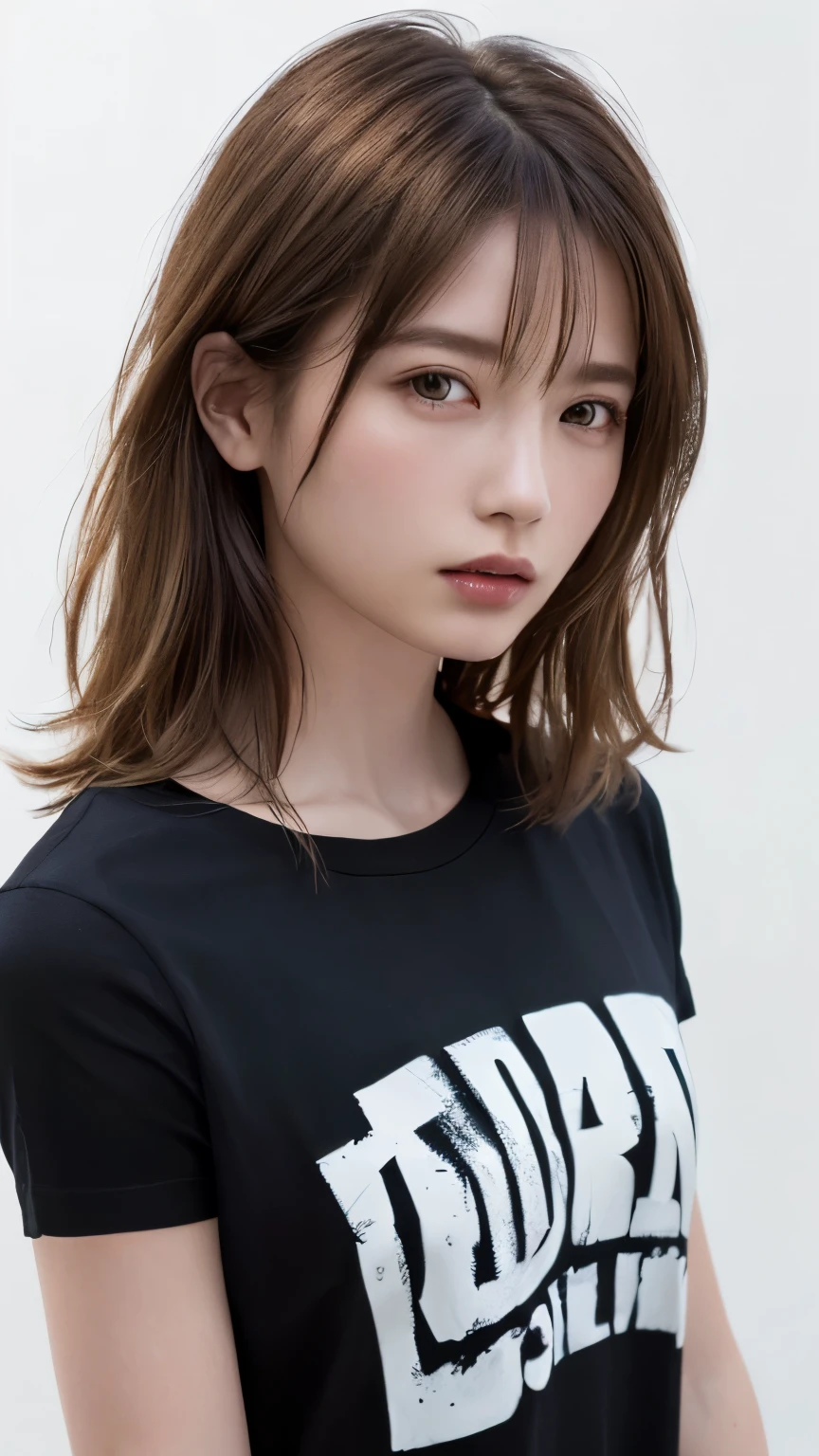 (highest quality、8K、32k、masterpiece)、(realistic)、(Photoreal:1.2)、(High resolution)、Super detailed、very beautiful face and eyes、1 girl、round and small face、thin waist、delicate body、(close、highest quality、high detail、Rich skin details)、(highest quality、8K、oil paint:1.2)、Super detailed、(realistic、realistic:1.37)、bright colors、(((blonde)))、(((bust shot)))、(((golden hair)))、(((medium hair)))、(((pure white wall background)))、(((pure white wall background)))、(((Dressed in black)))、(((looking angry)))、(((angry)))、(((wearing a black t-shirt)))、(((look straight ahead)))、(((blonde)))、(((This is a shirt with English written on it.)))、(((I have my arms crossed)))、