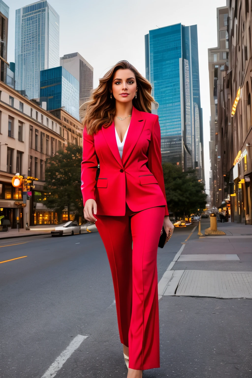 Amidst the bustling urban landscape, our model exudes confidence and grace as she stands tall in a sleek, crimson pantsuit. The softly lit scene captures her every curve and feature, with a subtle hand on her hip and a playful tousle of her wavy, chestnut hair. The dynamic angle accentuates her captivating presence, with vibrant colors illuminating the scene and adding depth to the textures of her pantsuit. Prepare to be captivated by her timeless beauty and effortless sophistication, as the intricately detailed image transports you into the heart of the city. (masterpiece, photorealistic, urban landscape, confidant, poise